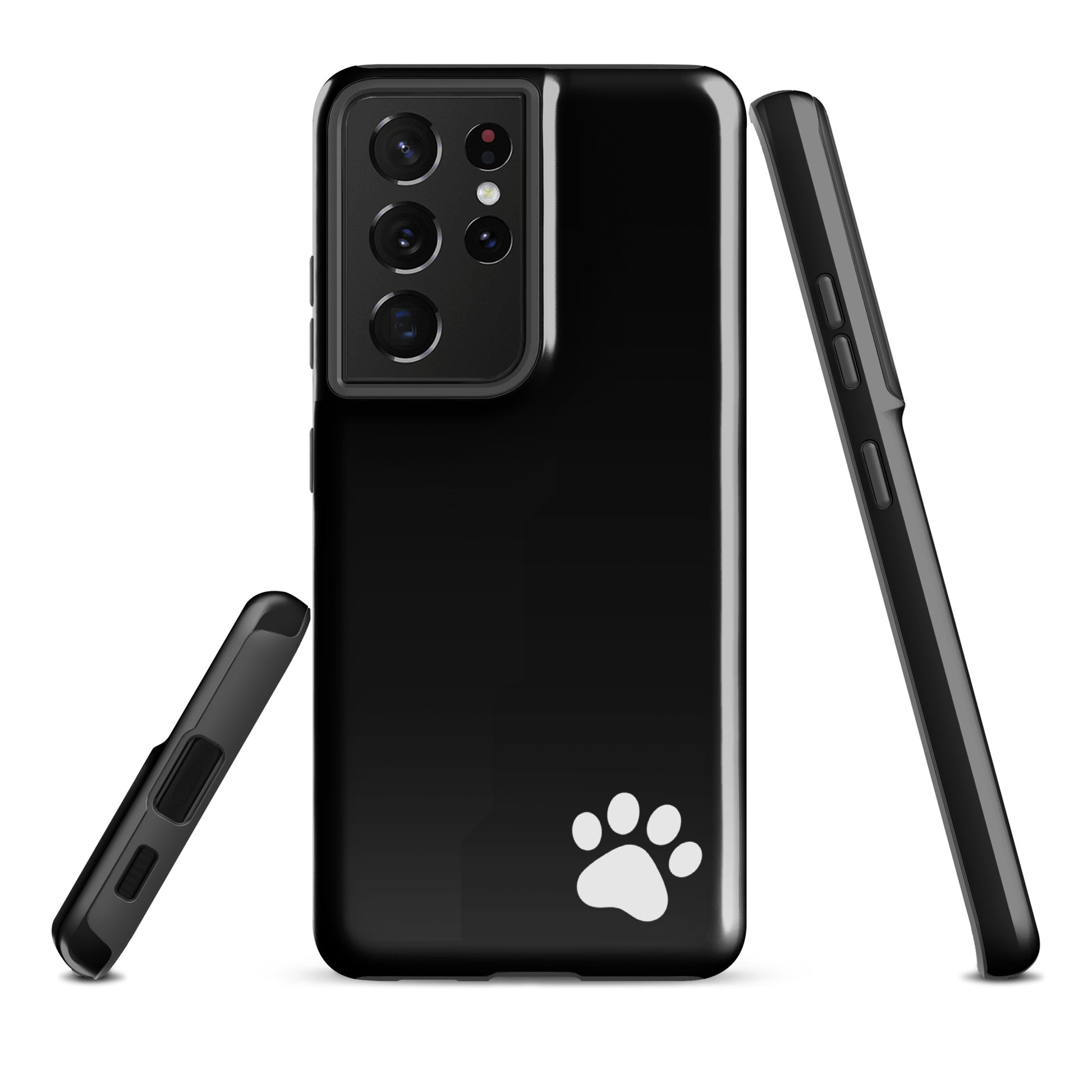 Black Phone Case for Samsung Galaxy with white paw print, sleek minimalist design