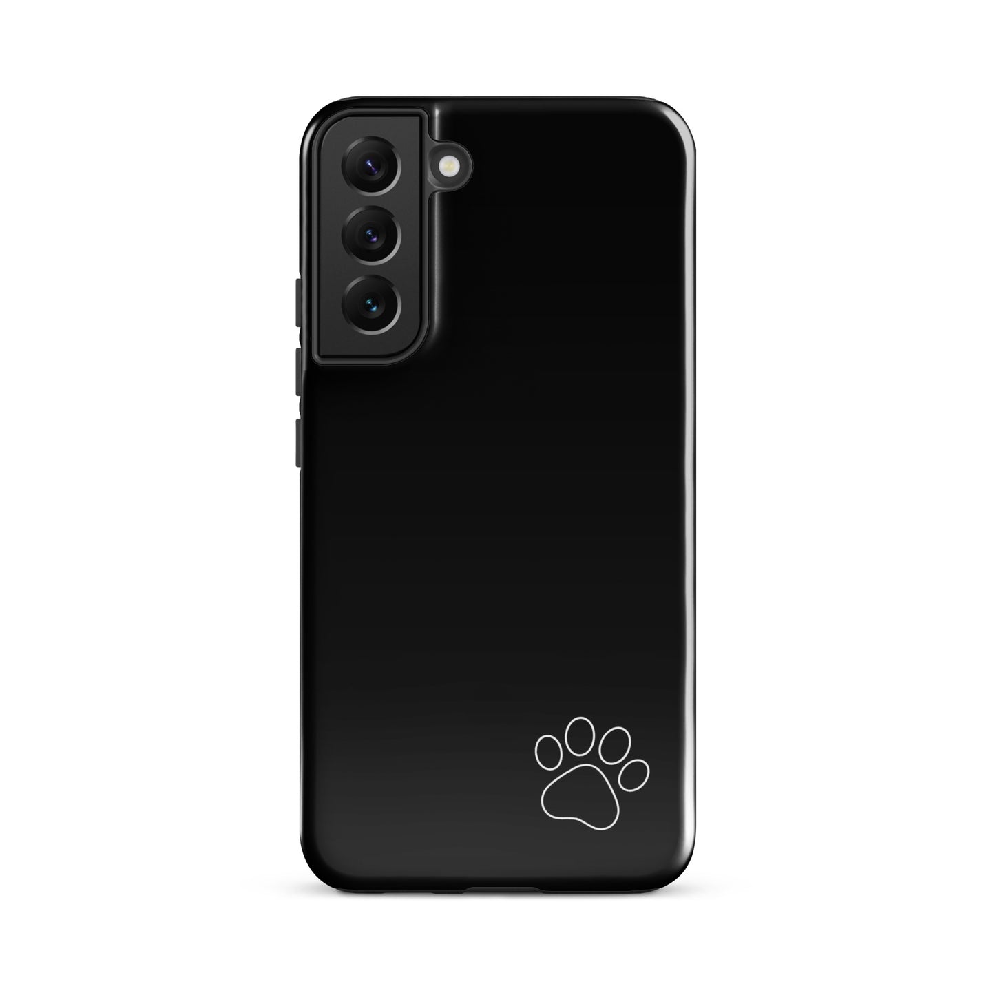Phone Case for Samsung Galaxy with black design and white paw print in the corner, minimalist tough case for animal lovers.