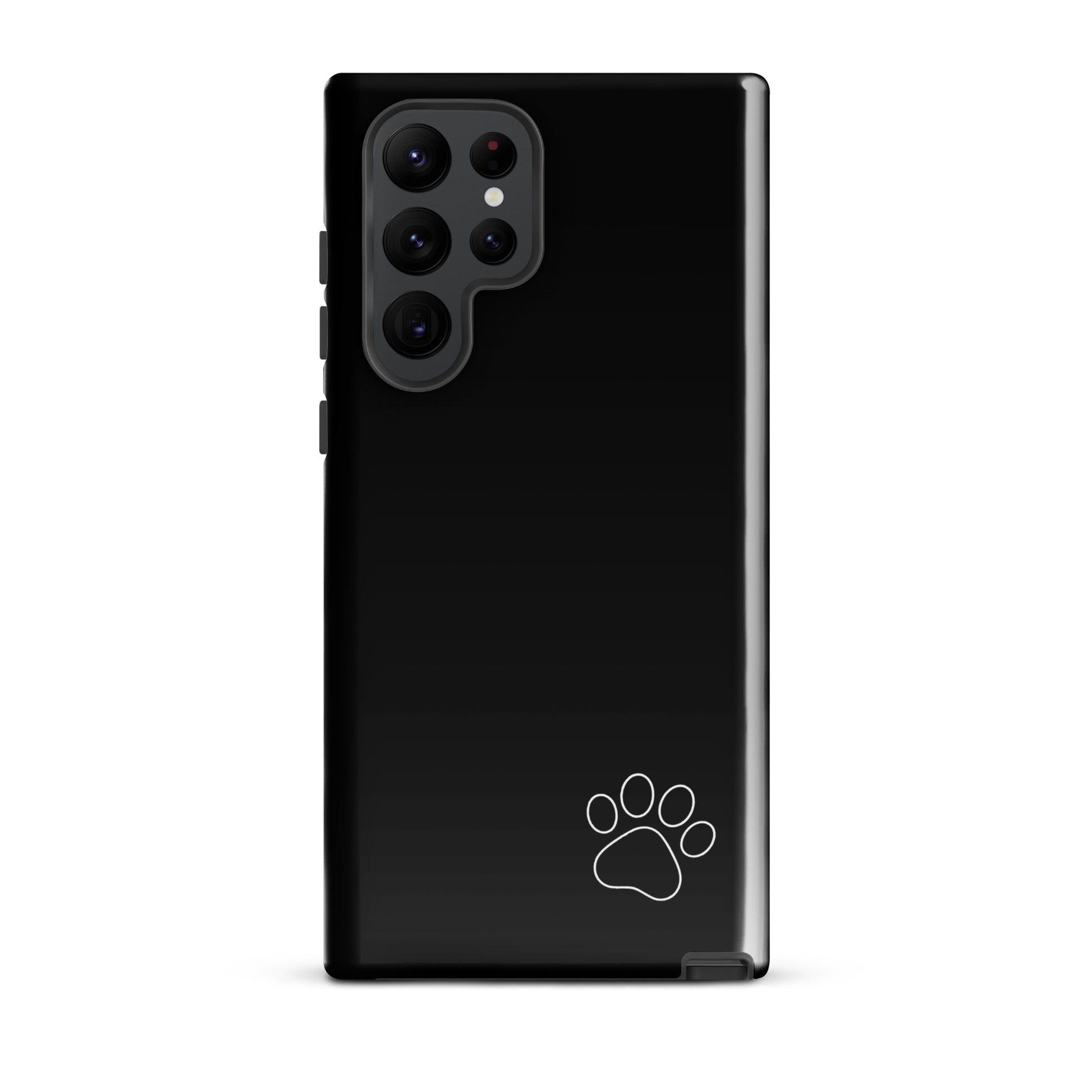 Phone Case for Samsung Galaxy with black minimalist design and white paw print in lower right corner.