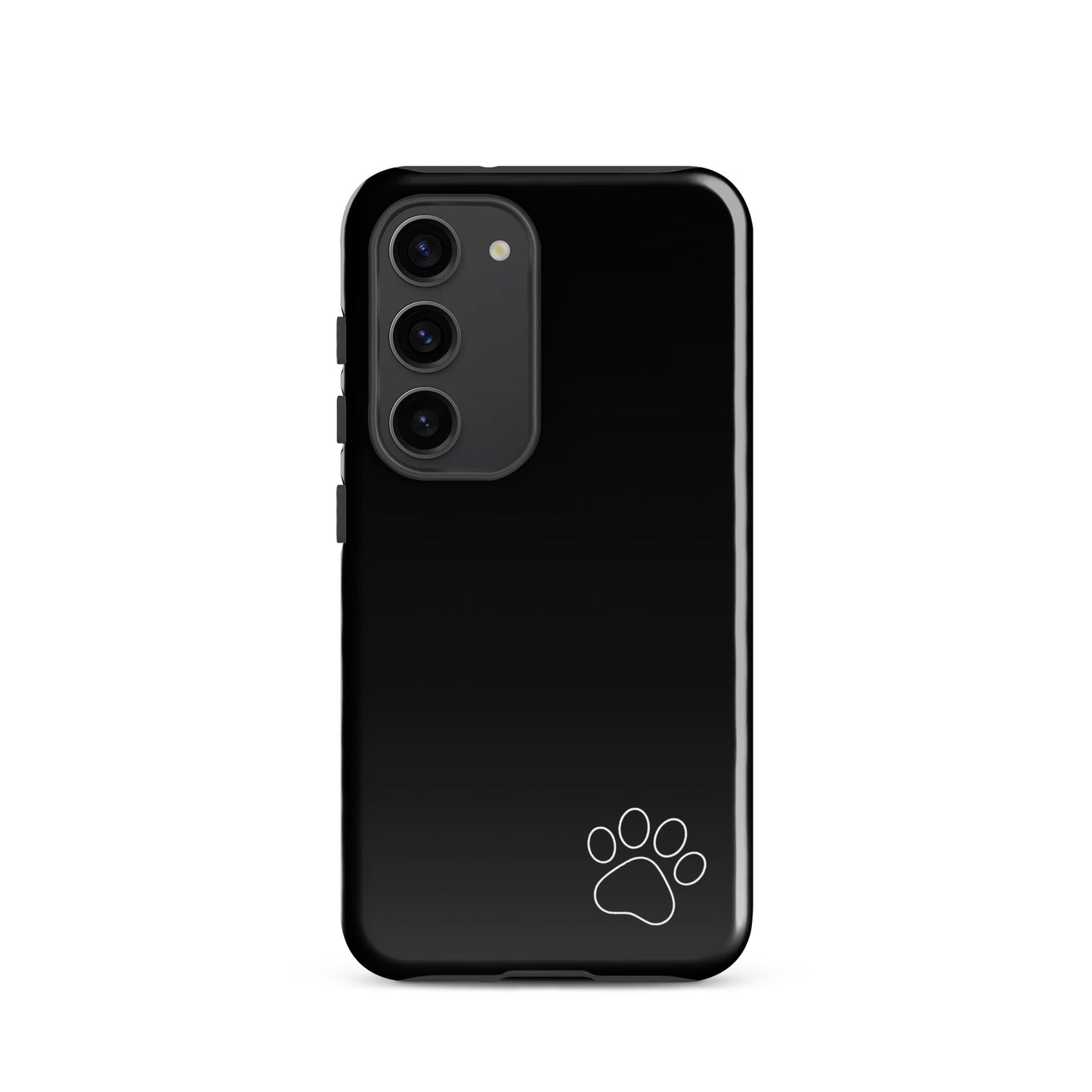 Black Phone Case for Samsung Galaxy with white paw print design, minimalist style, luxe tough protection for pet lovers.