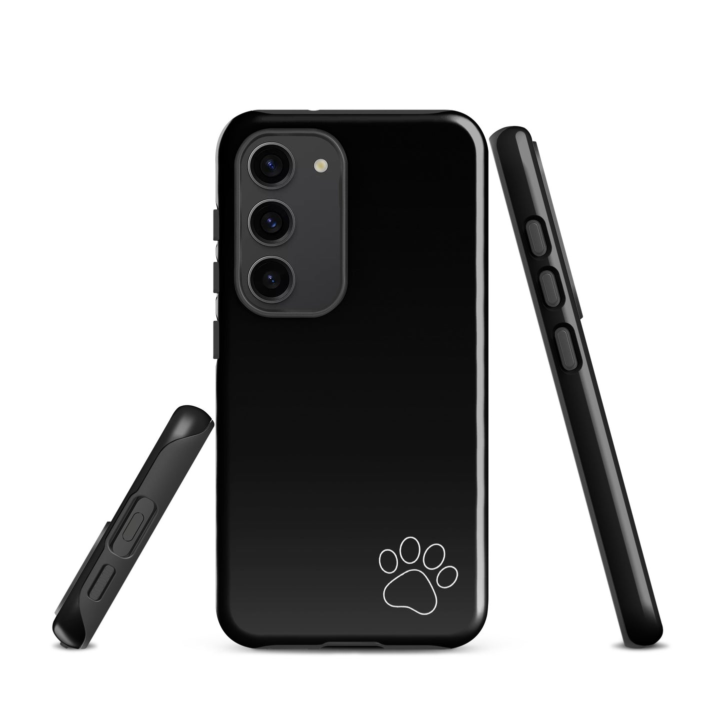 Phone Case for Samsung Galaxy with black minimalist design and white paw print; sleek protection for pet lovers.
