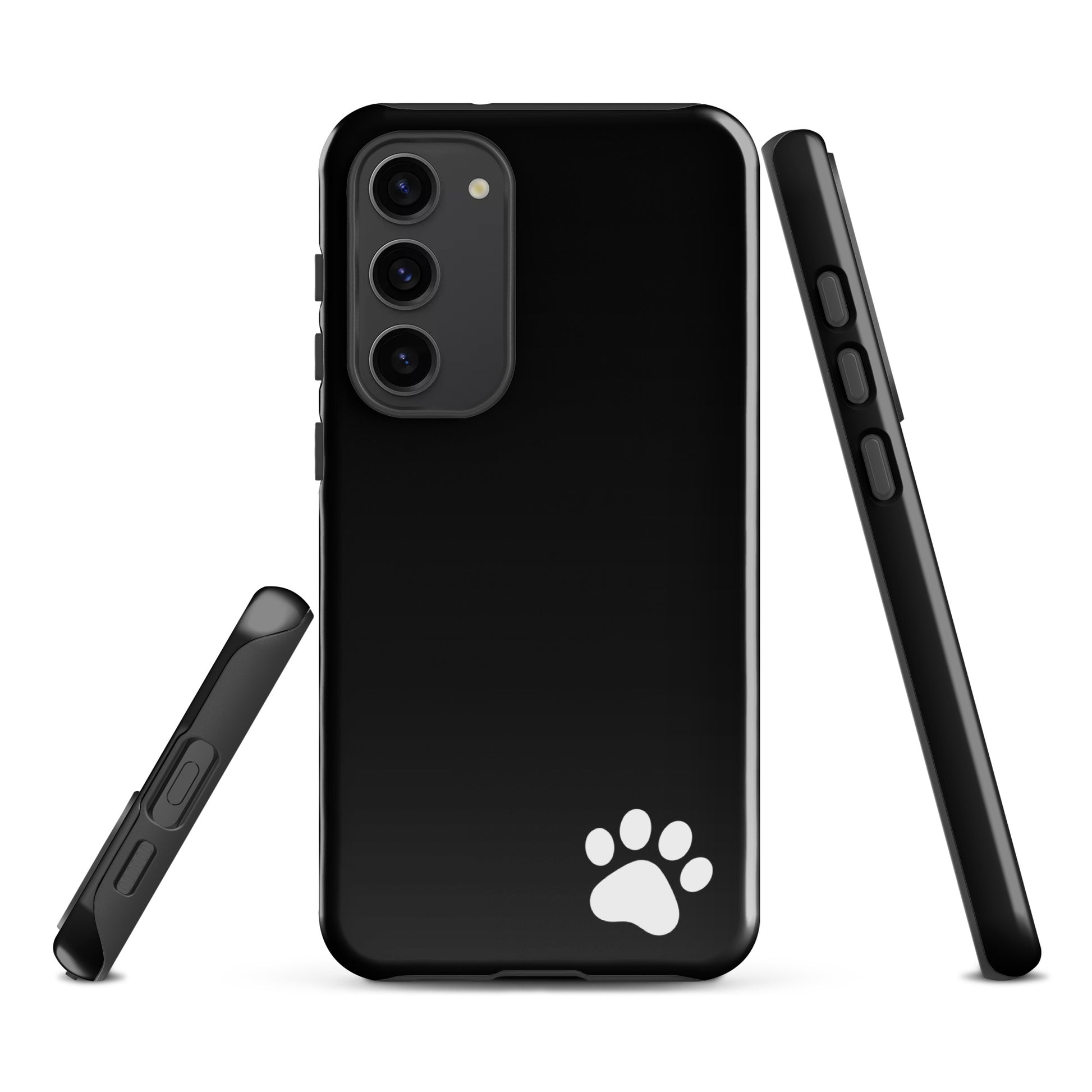 Phone Case for Samsung Galaxy with black design and white paw print, minimalist tough case for pet lovers.