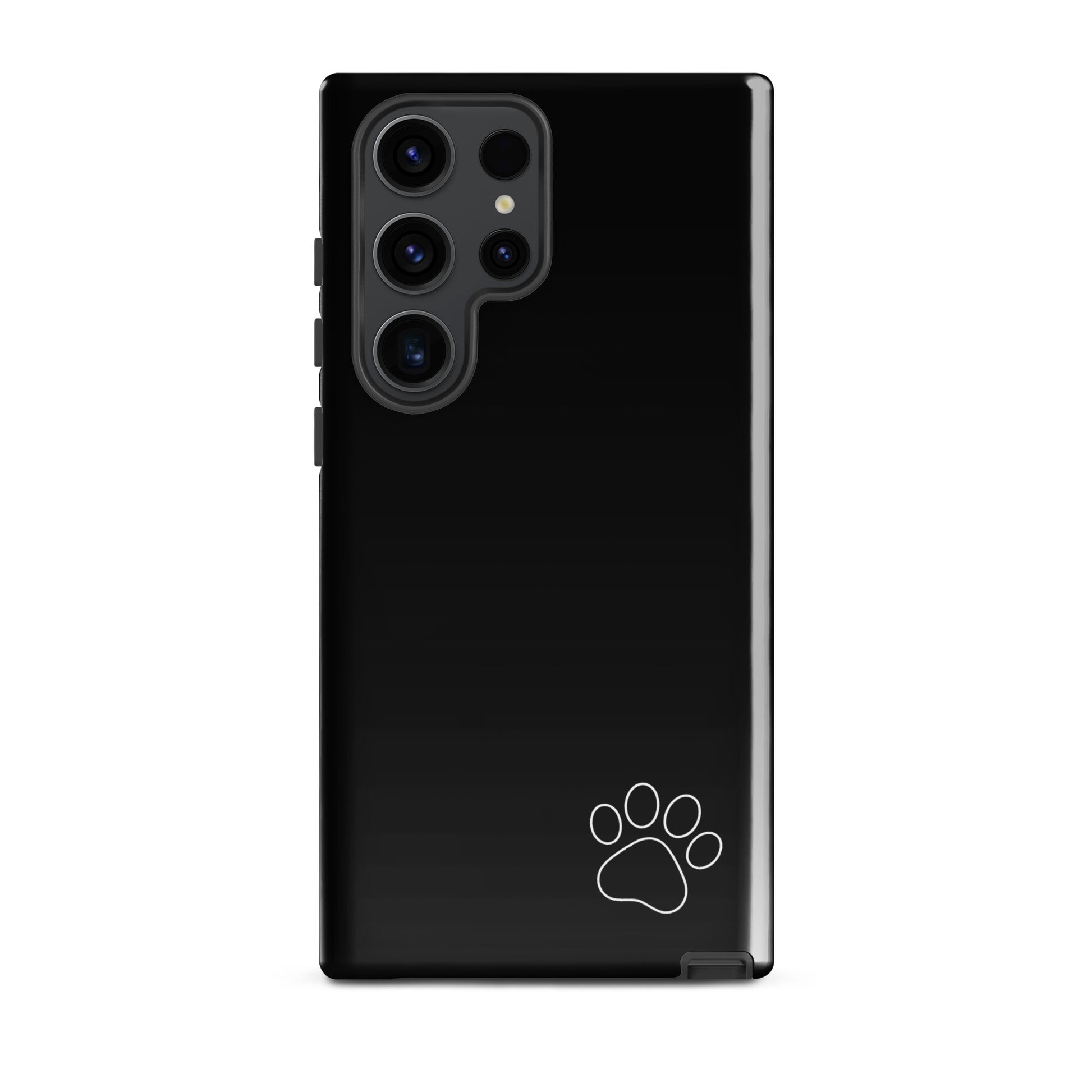 Phone Case for Samsung Galaxy with black minimalist design and white paw print.