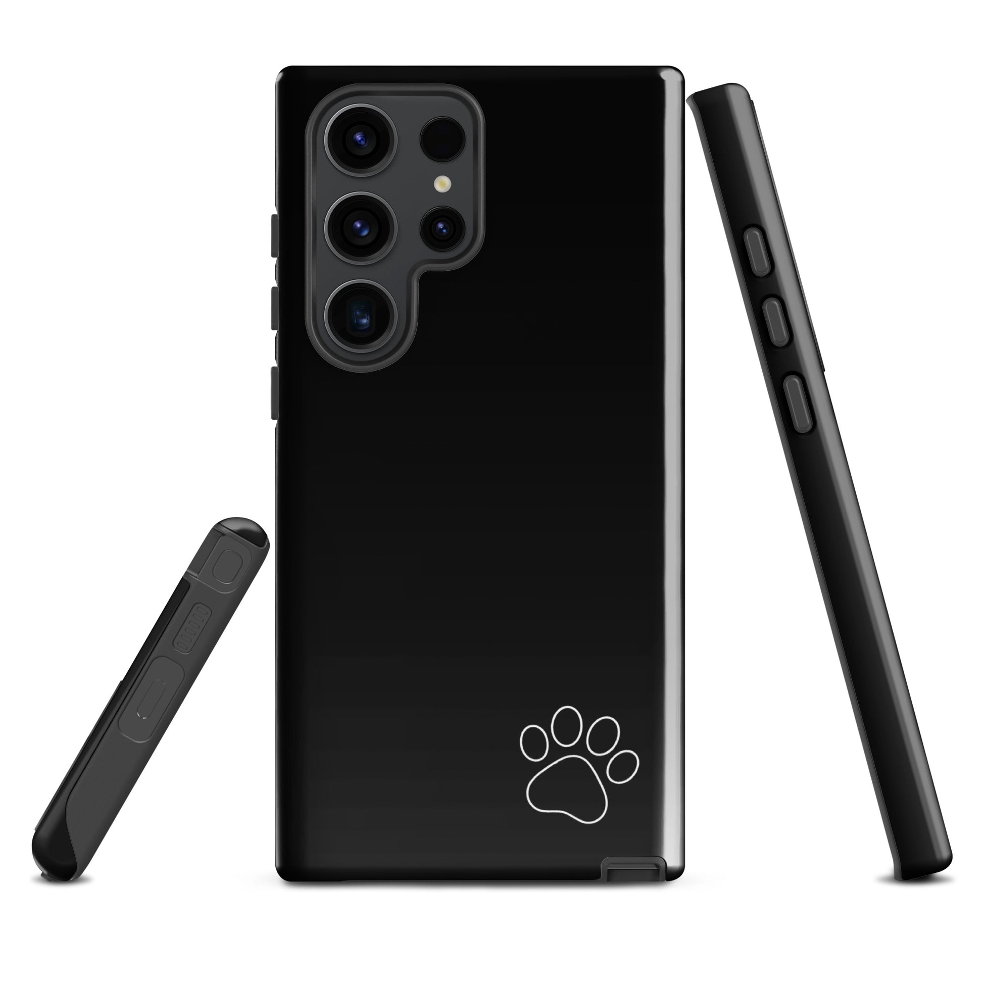 Phone Case for Samsung Galaxy with paw-print design, black, minimalist tough case. Ideal for animal lovers seeking style and protection.