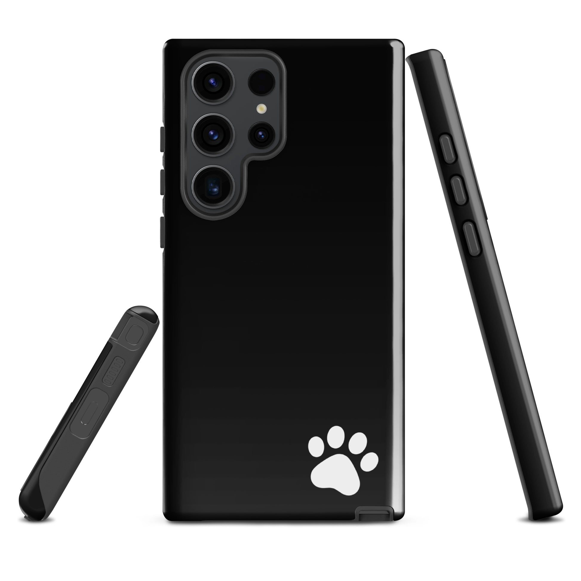 Phone Case for Samsung Galaxy with paw print design, black minimalist tough case, sleek style for animal lovers.