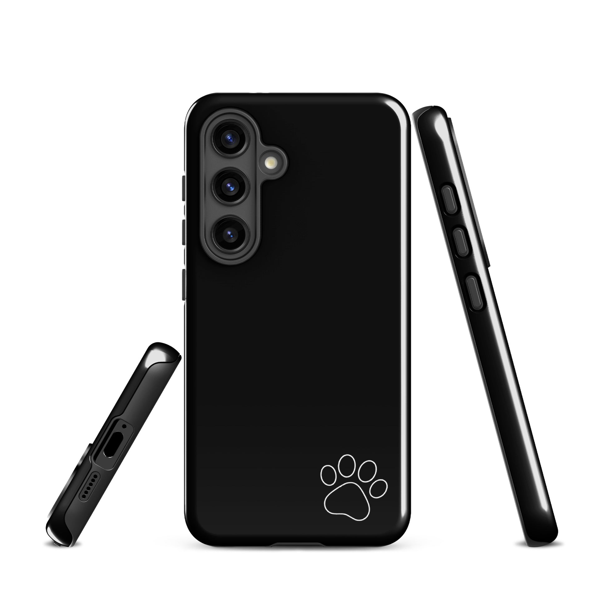 Phone Case for Samsung Galaxy with paw print design, black minimalist tough cover showcasing sleek style and pet lover charm.