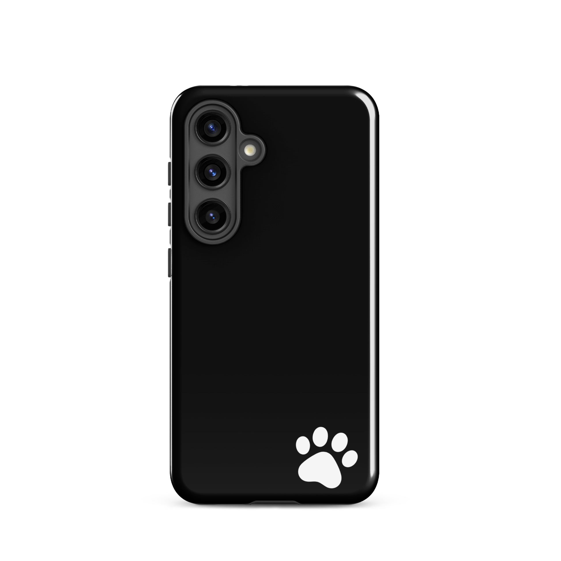Black Phone Case for Samsung Galaxy with white paw-print design, minimalist tough case for pet lovers seeking style and protection.