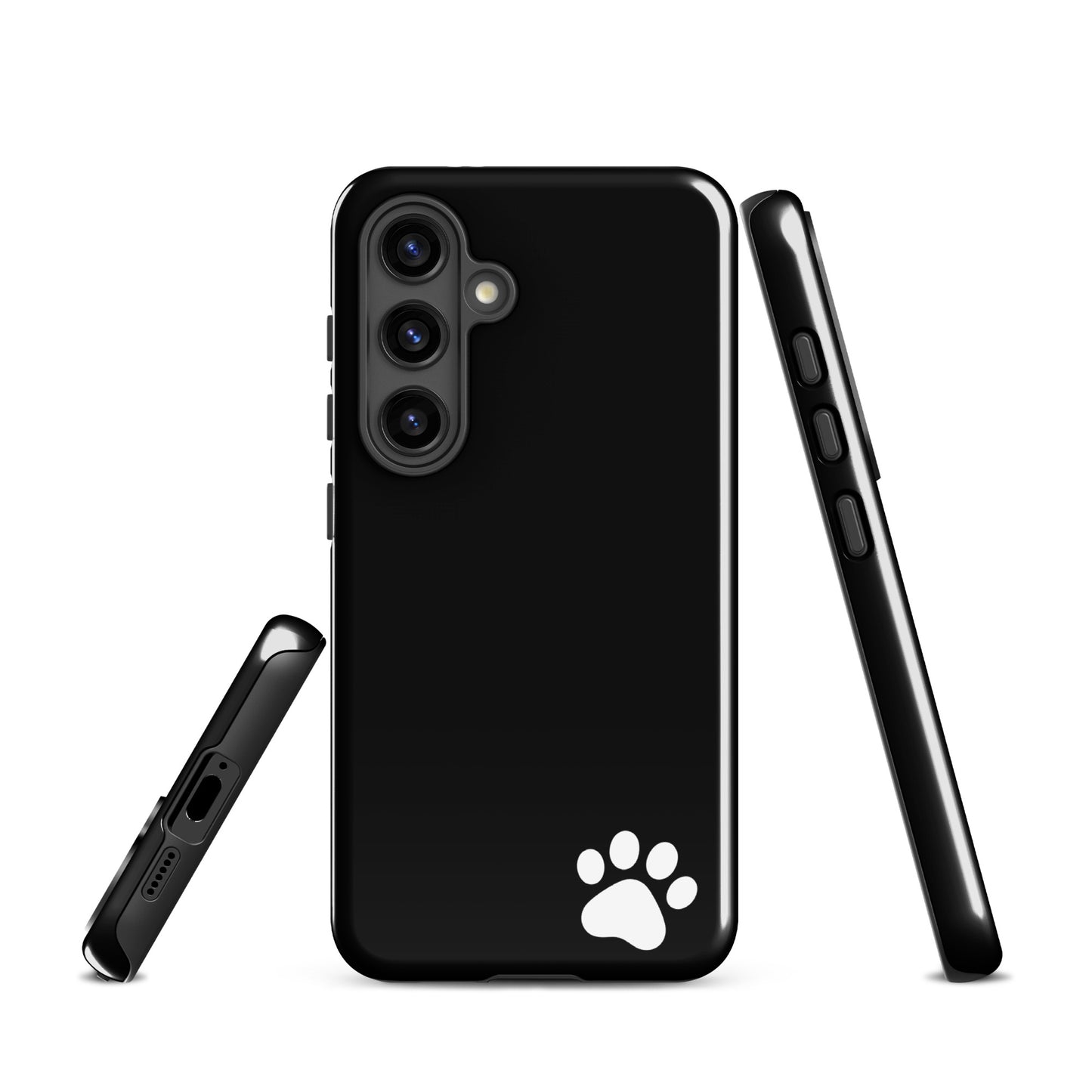 Phone Case for Samsung Galaxy with minimalist black design and white paw print in bottom corner, sleek and durable.