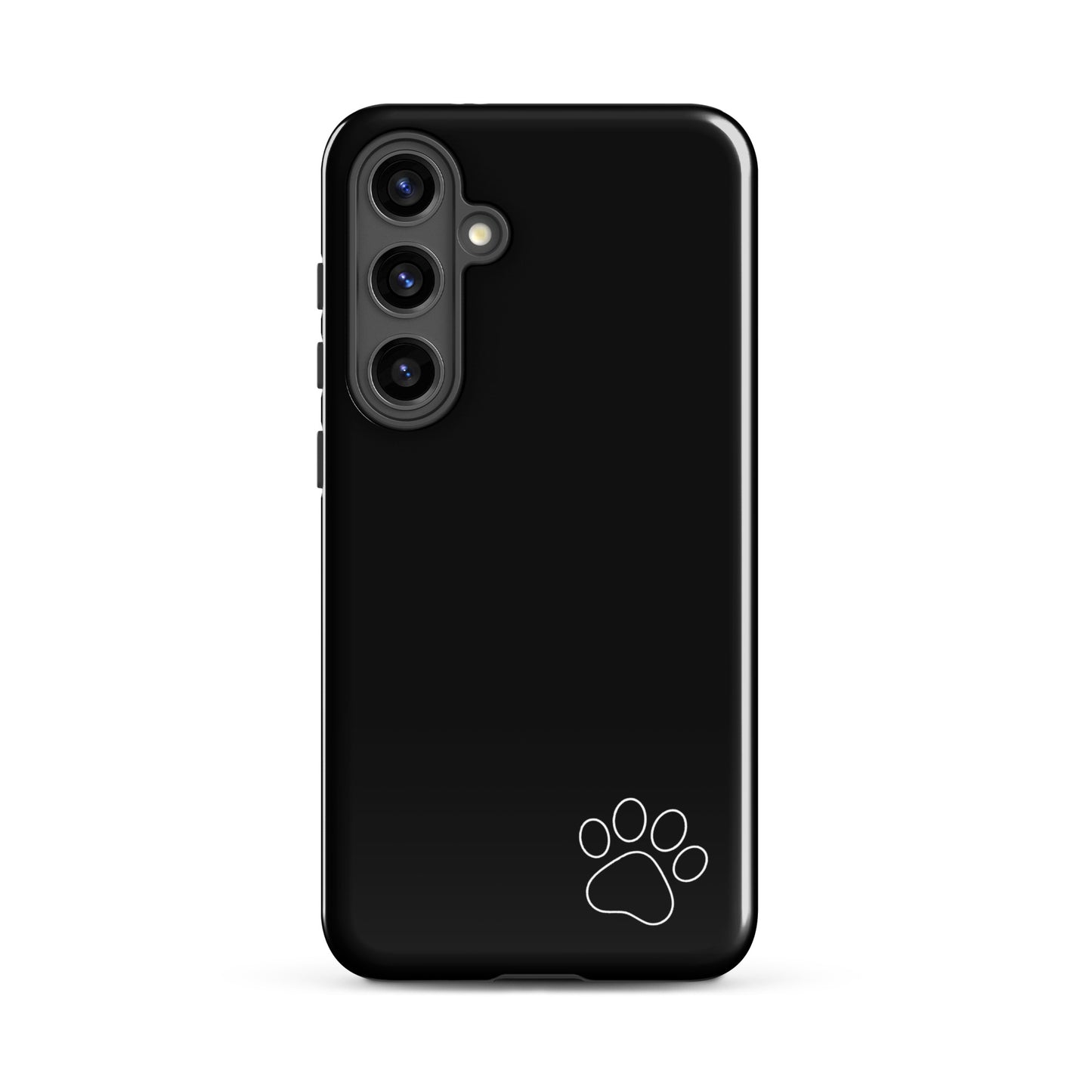 Phone Case for Samsung Galaxy with black minimalist design featuring a white paw print on the corner.