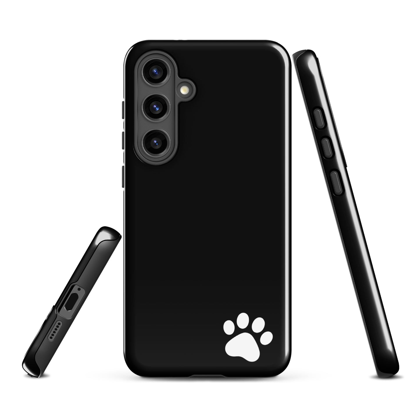 Phone Case for Samsung Galaxy with black design featuring a white paw print, minimalist tough case, animal lover style accessory.