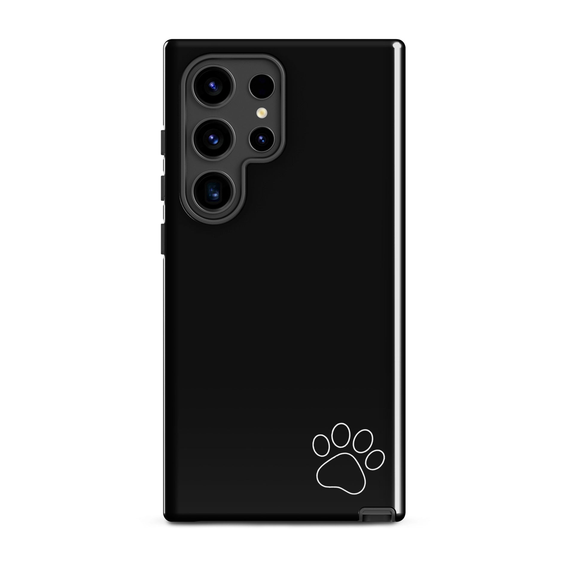 Phone Case for Samsung Galaxy in black with white paw-print design, minimalist tough protection, perfect for pet lovers.