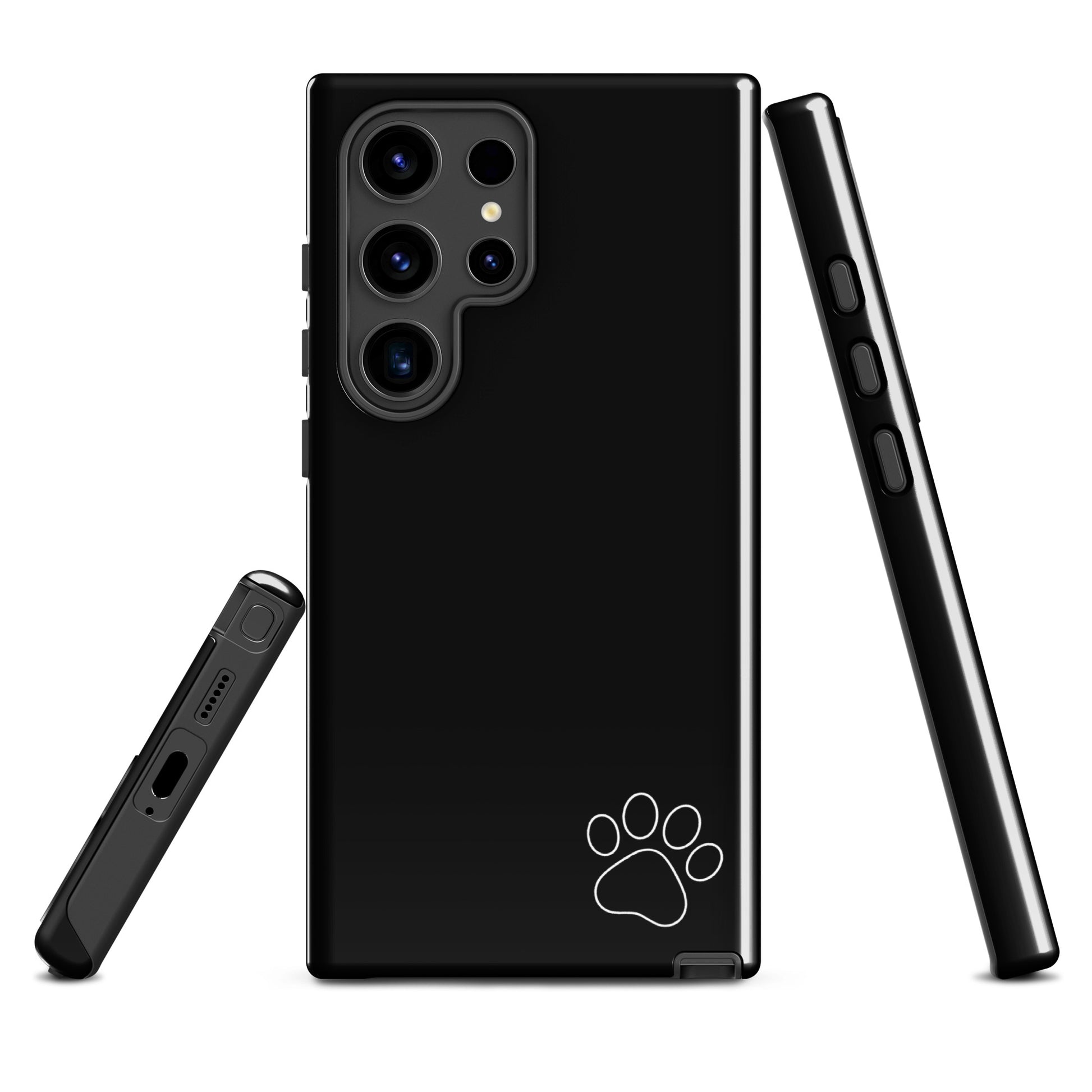 Sleek black Phone Case for Samsung Galaxy with white paw print design, minimalist Tough Case style for animal lovers and pet parents.