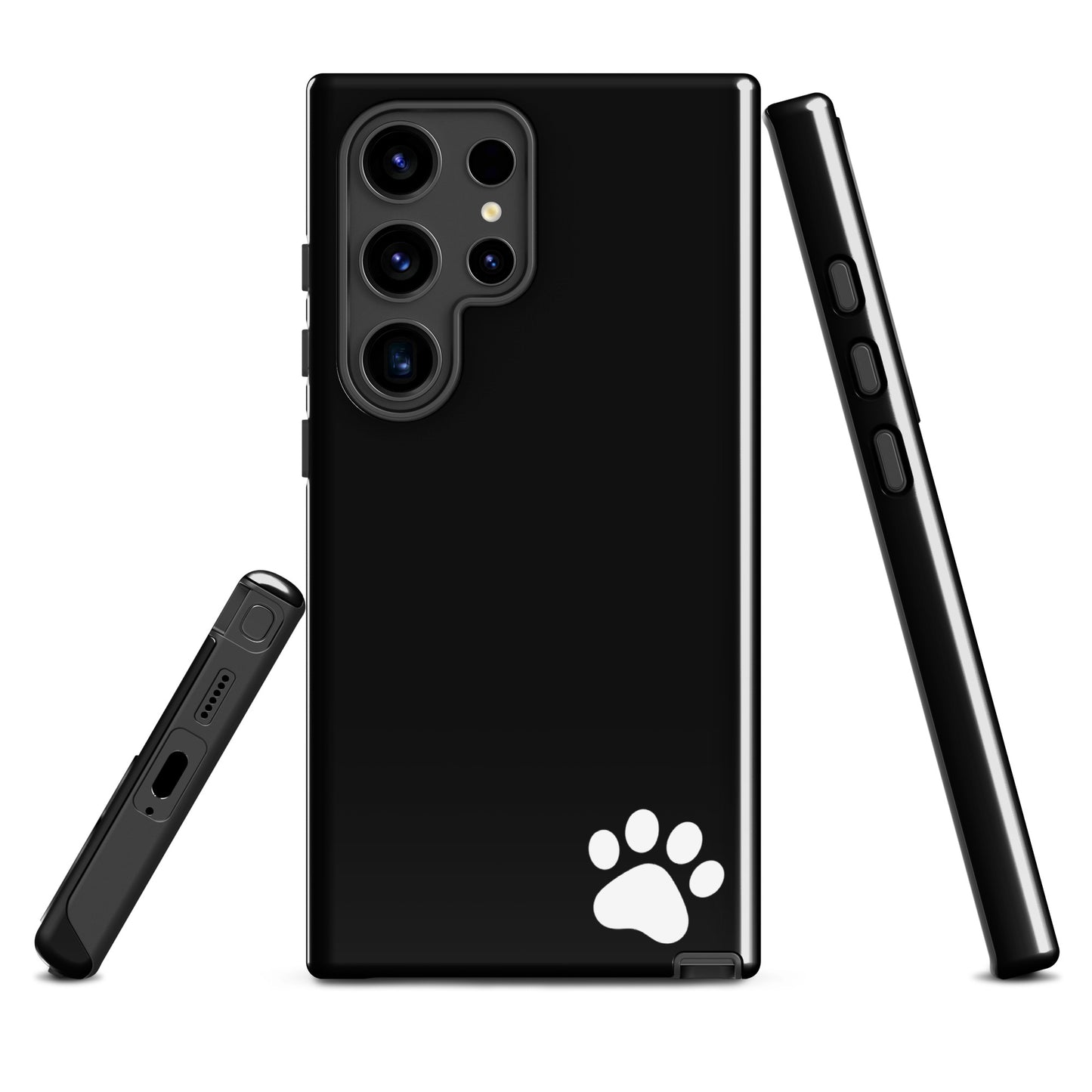 Phone Case for Samsung Galaxy with black design, featuring a small white paw print in the corner, blending style and personality.