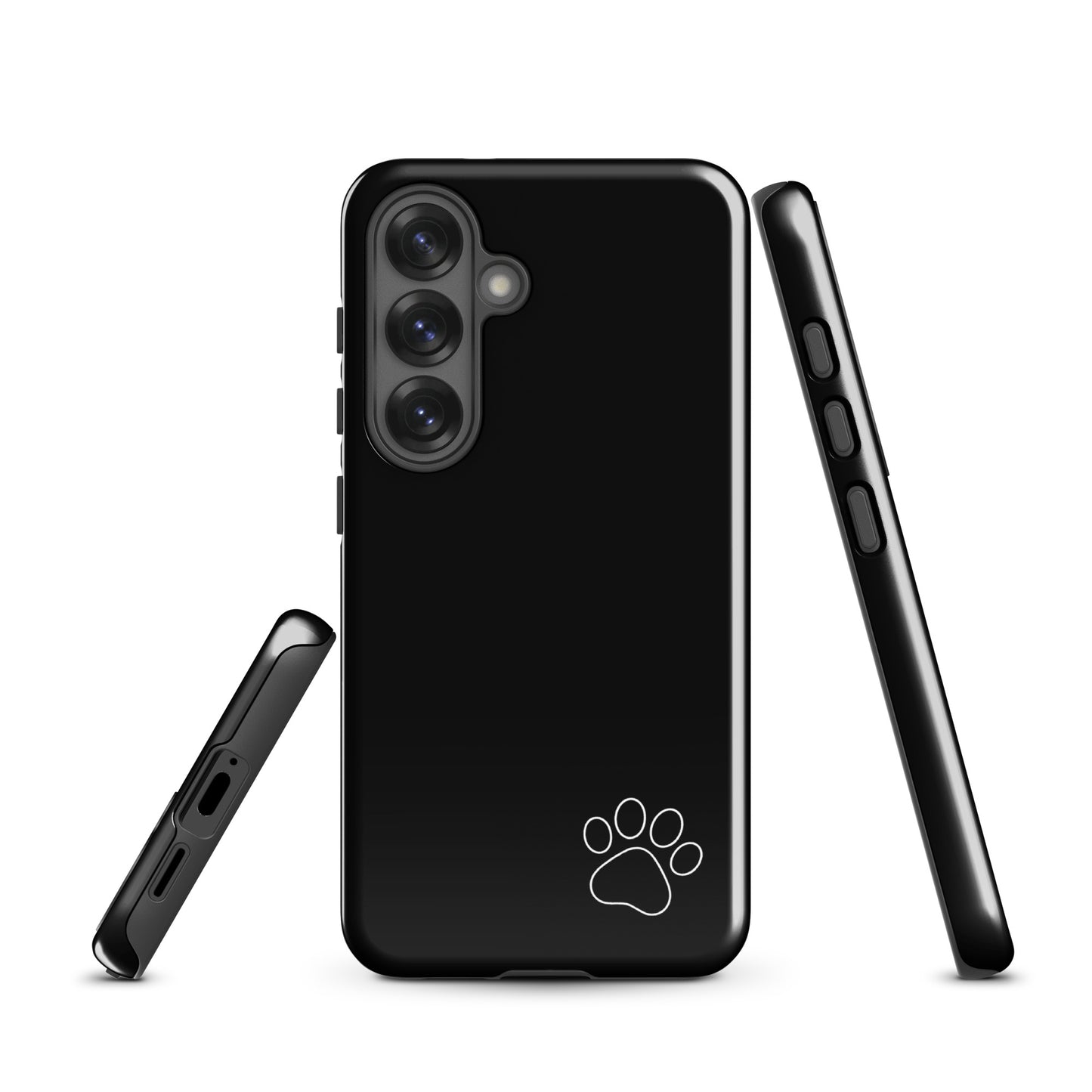 Black Phone Case for Samsung Galaxy with minimalist paw-print design, showcasing sleek modern style with playful charm.