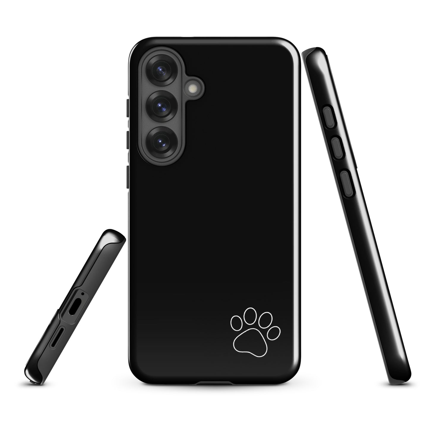 Phone Case for Samsung Galaxy with minimalist paw print design, black tough case with white paw print in the lower right corner.