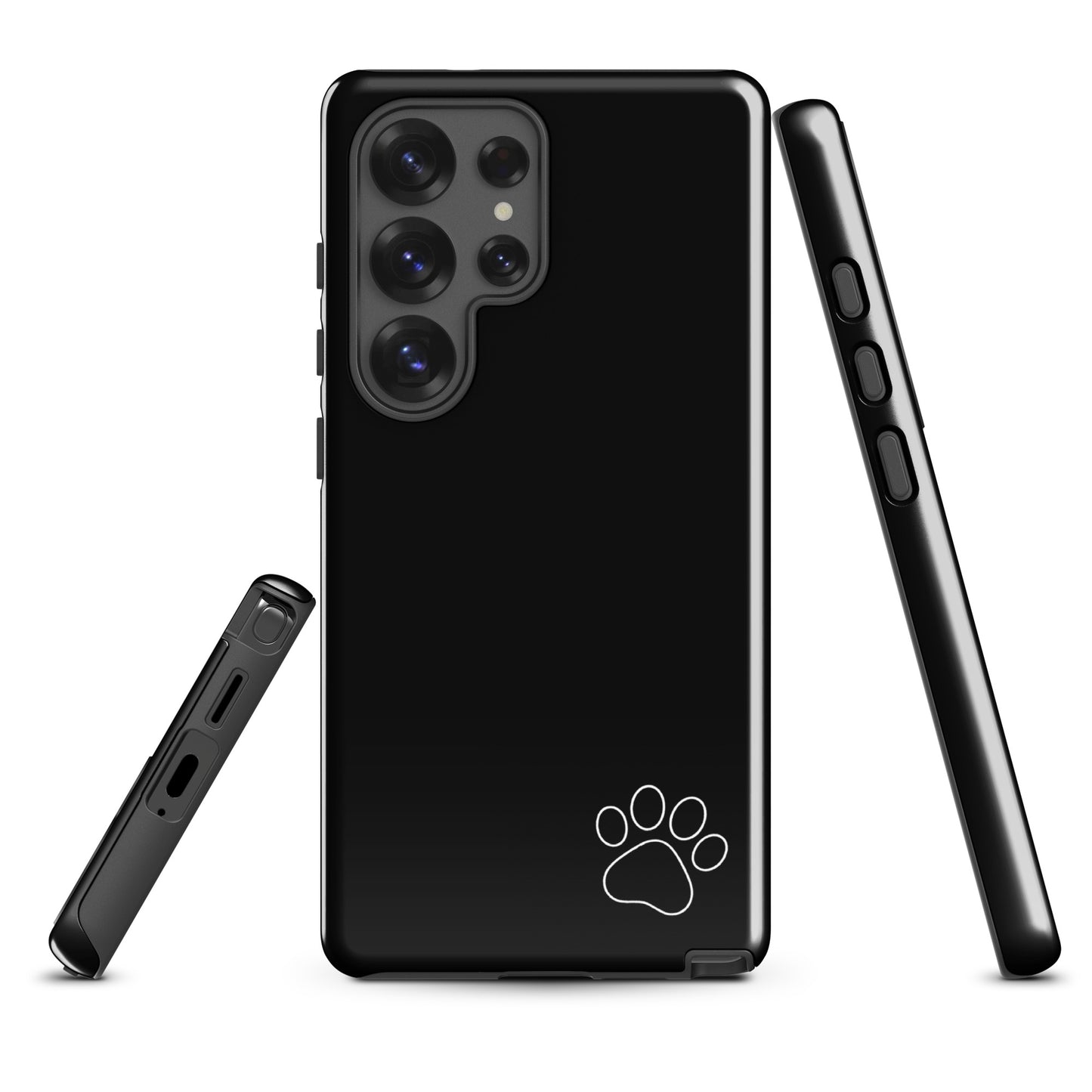 Phone Case with paw print design for Samsung Galaxy, black minimalist tough case showcasing sleek and modern style.