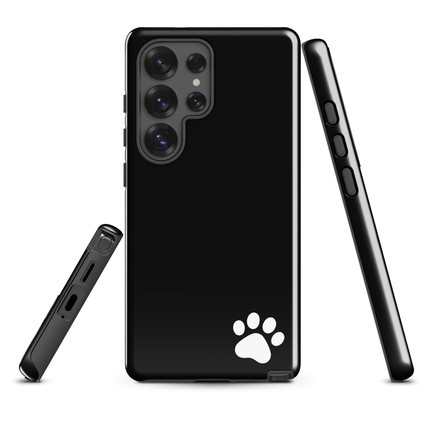Black Phone Case for Samsung Galaxy with white paw print design, minimalist tough case for animal lovers.