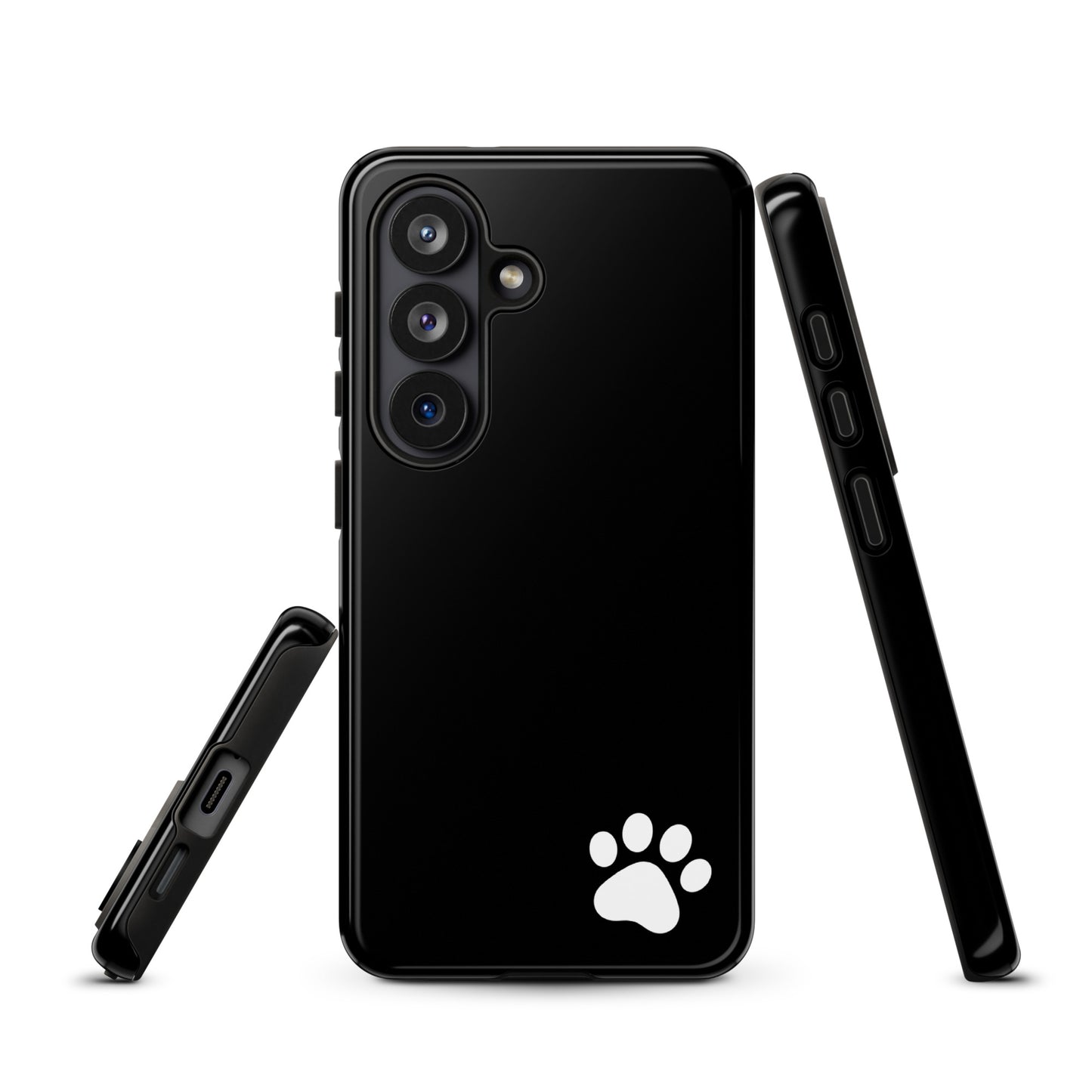 Phone Case for Samsung Galaxy with black design and white paw print in lower corner, minimalist style for pet lovers.