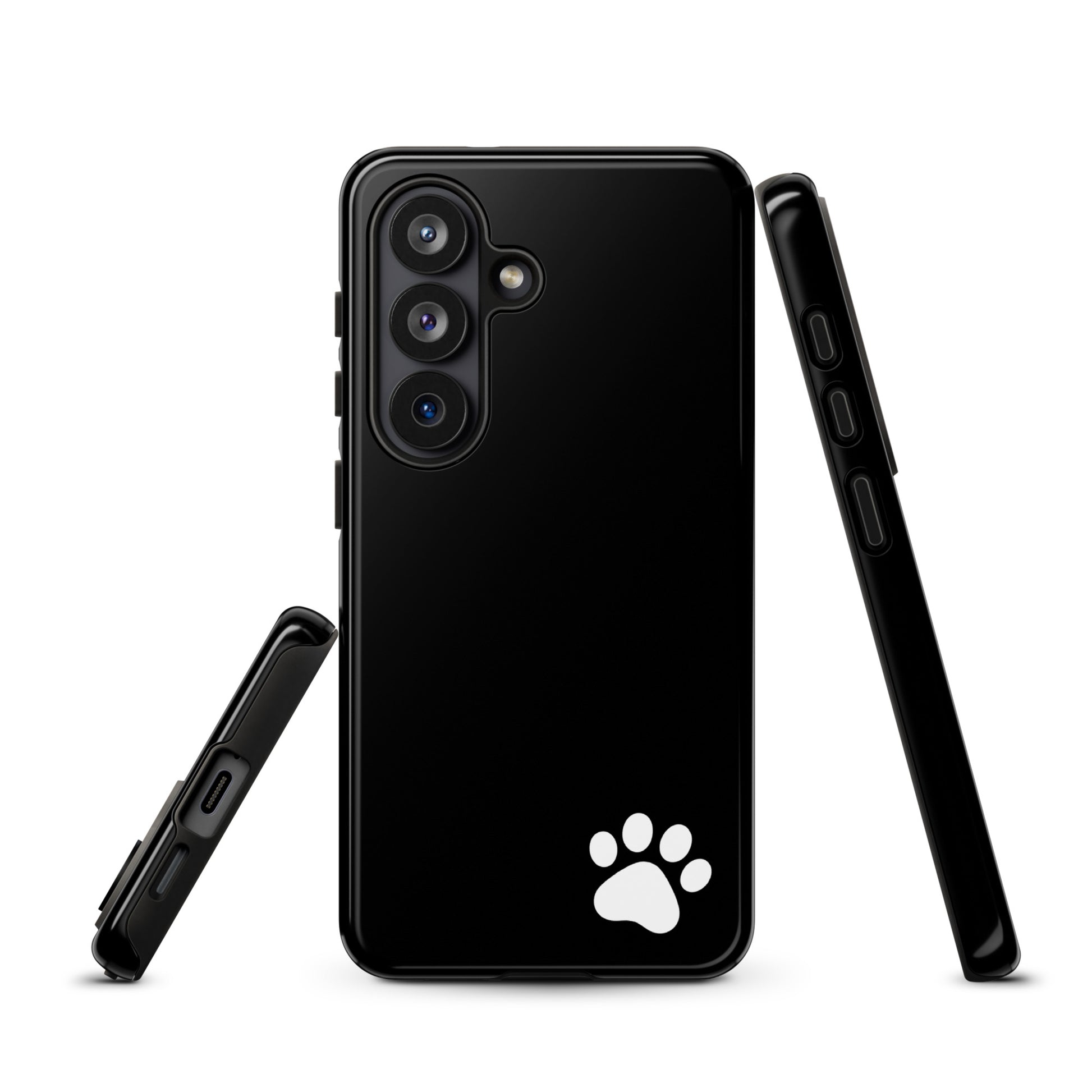 Phone Case for Samsung Galaxy with black design and white paw print in lower corner, minimalist style for pet lovers.