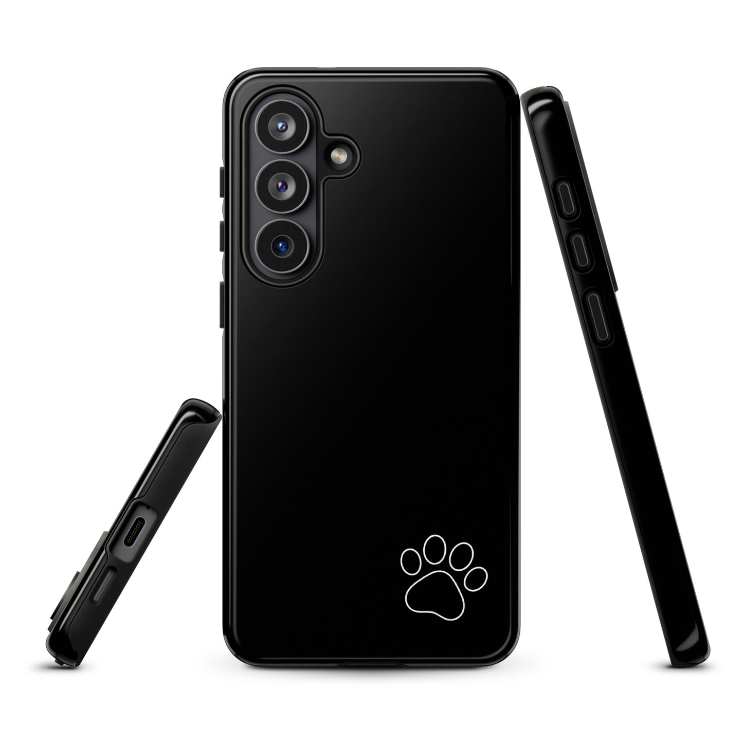 Phone Case for Samsung Galaxy with white paw print design on black background, sleek and minimalist tough case