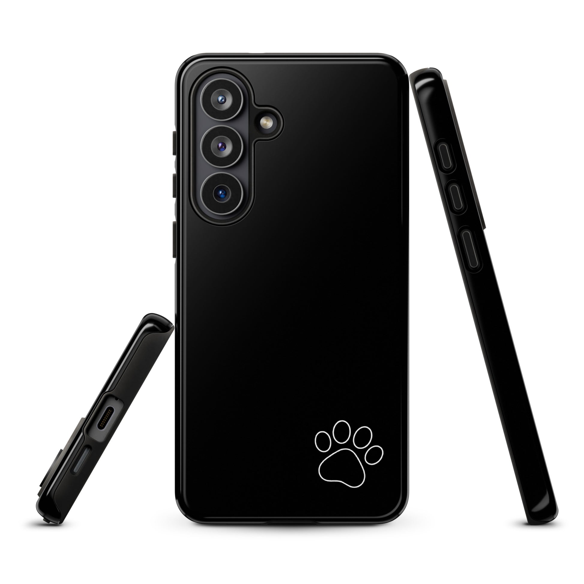 Phone Case for Samsung Galaxy with white paw print design on black background, sleek and minimalist tough case
