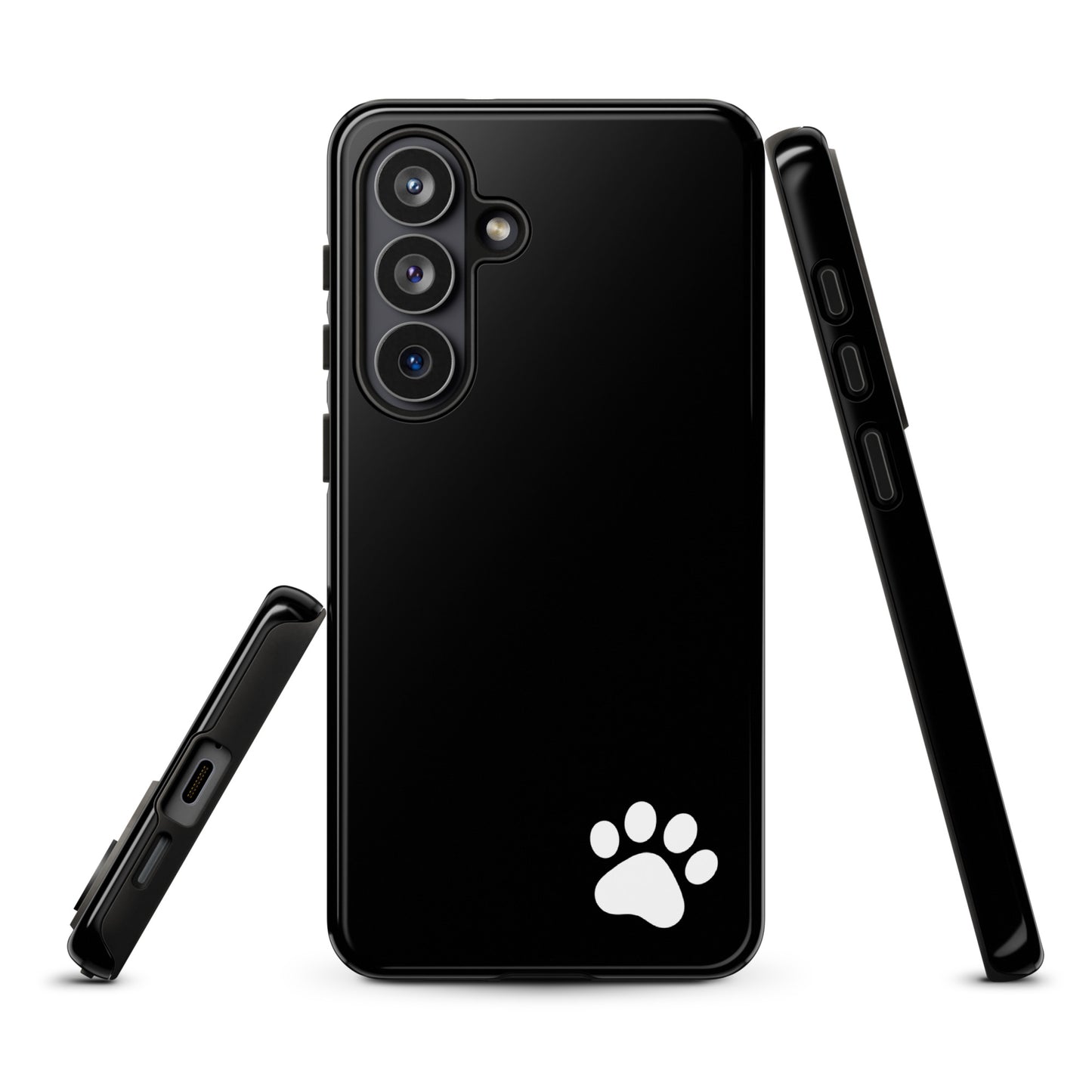 Phone Case for Samsung Galaxy featuring a sleek black design with a minimalist white paw print in the corner, offering stylish protection.