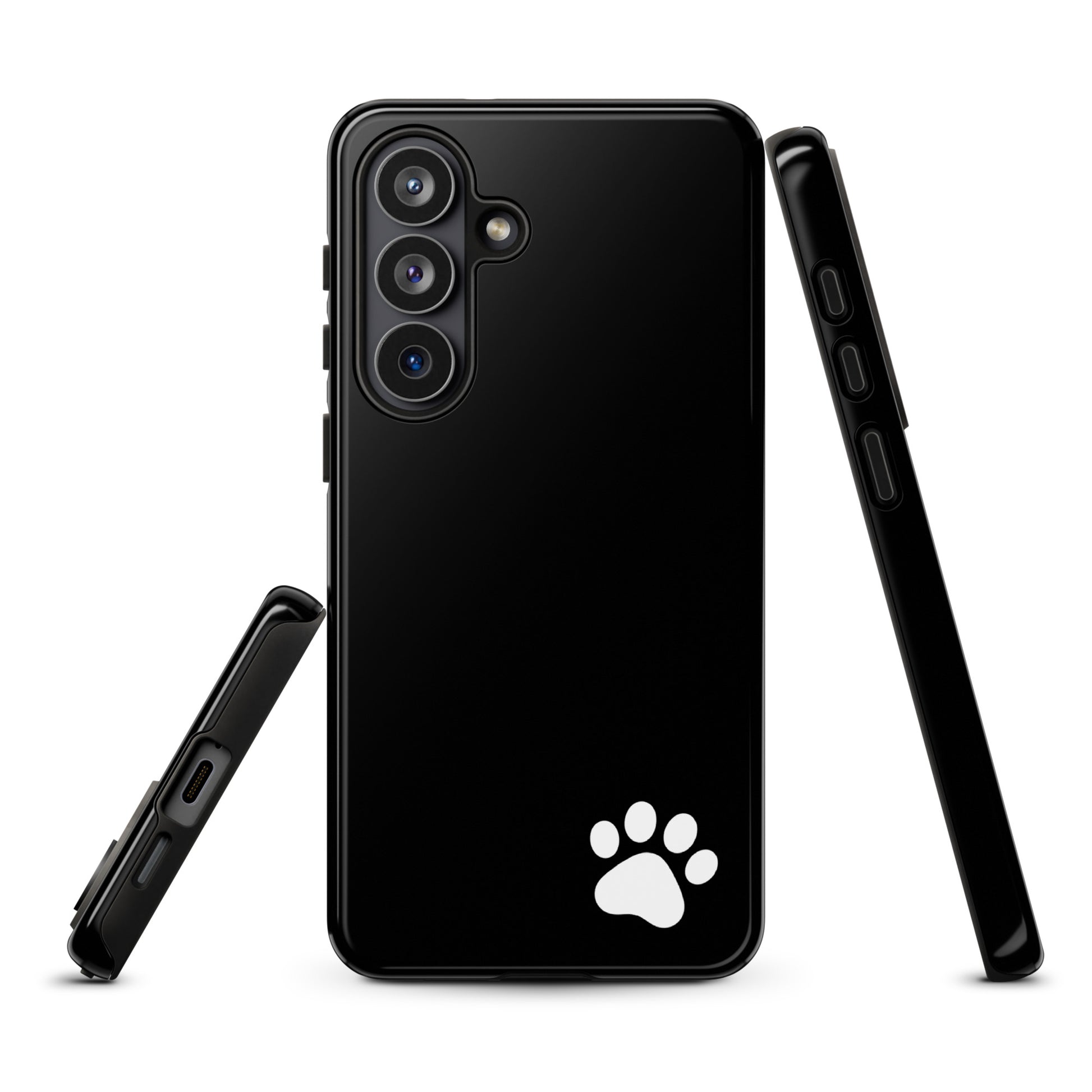 Phone Case for Samsung Galaxy featuring a sleek black design with a minimalist white paw print in the corner, offering stylish protection.