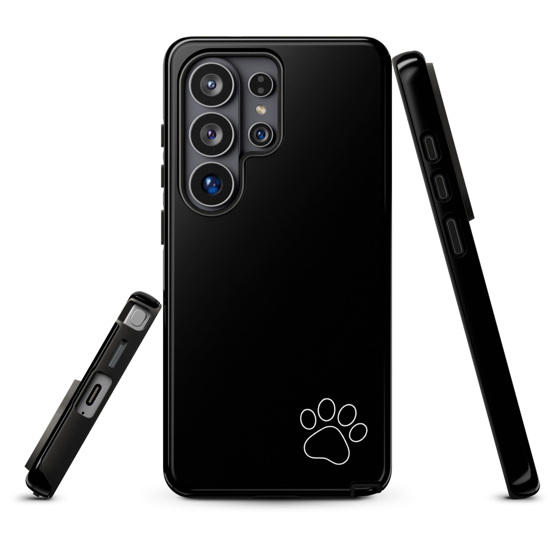 Phone Case with paw print design for Samsung Galaxy, sleek and minimalist tough case in black, animal-lover accessory.