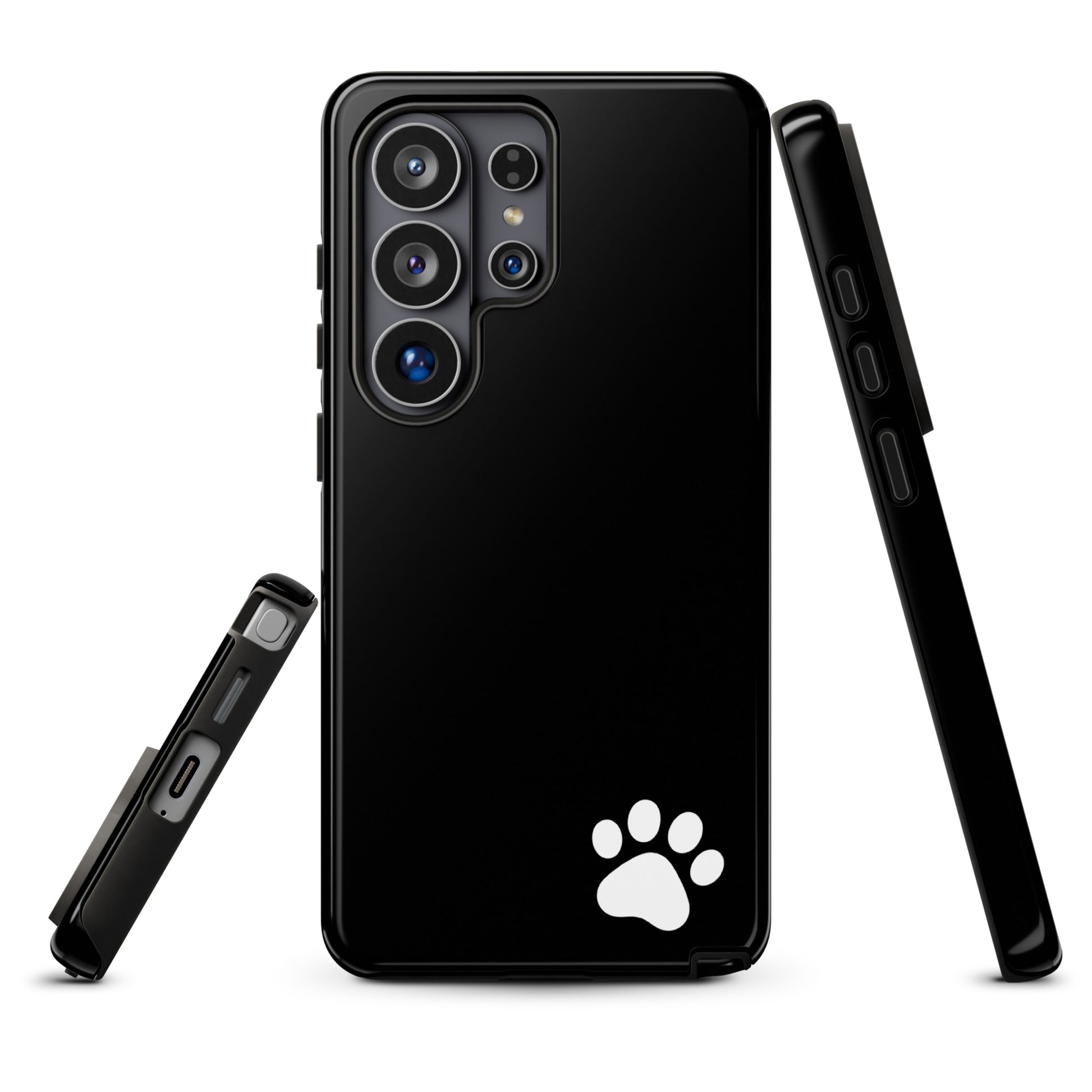 Phone Case for Samsung Galaxy with paw-print design, black minimalist tough case featuring white paw print in the corner.