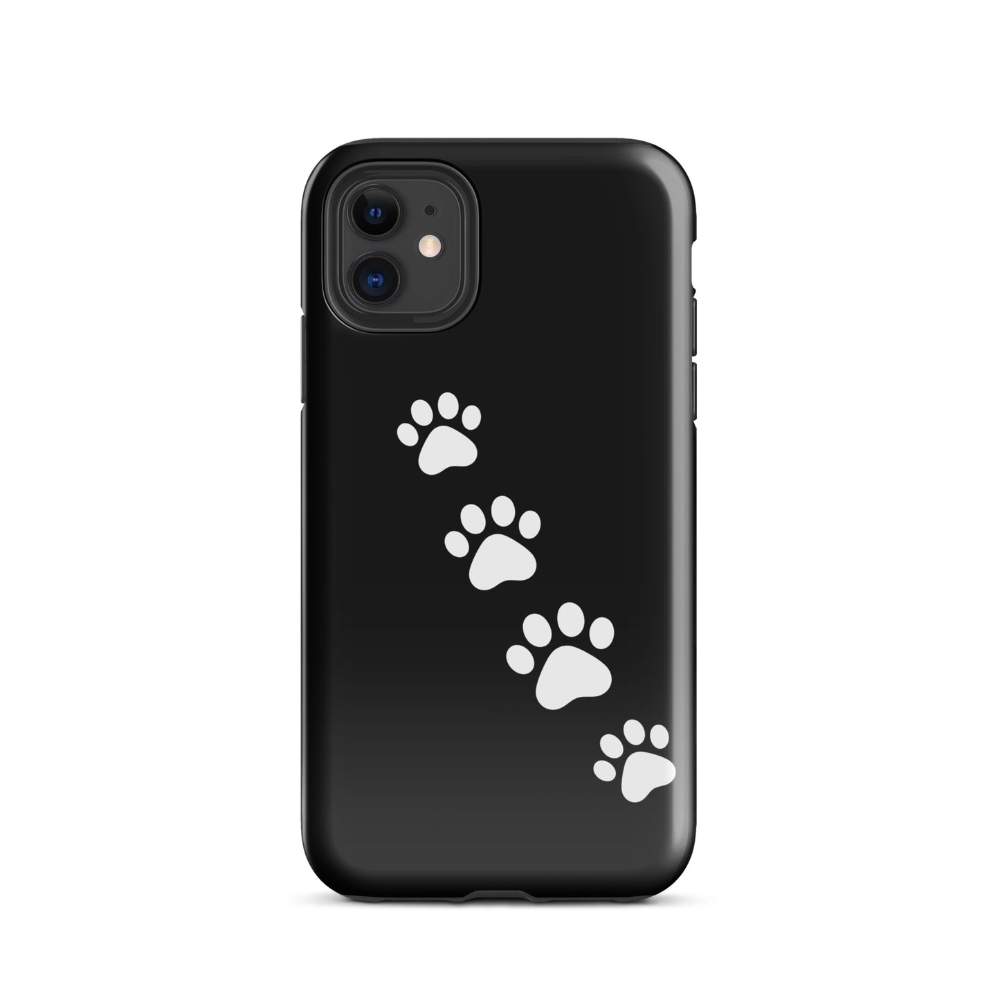 Phone case with paw-print trail design for iPhone, featuring white paw prints on a sleek black background for pet lovers.