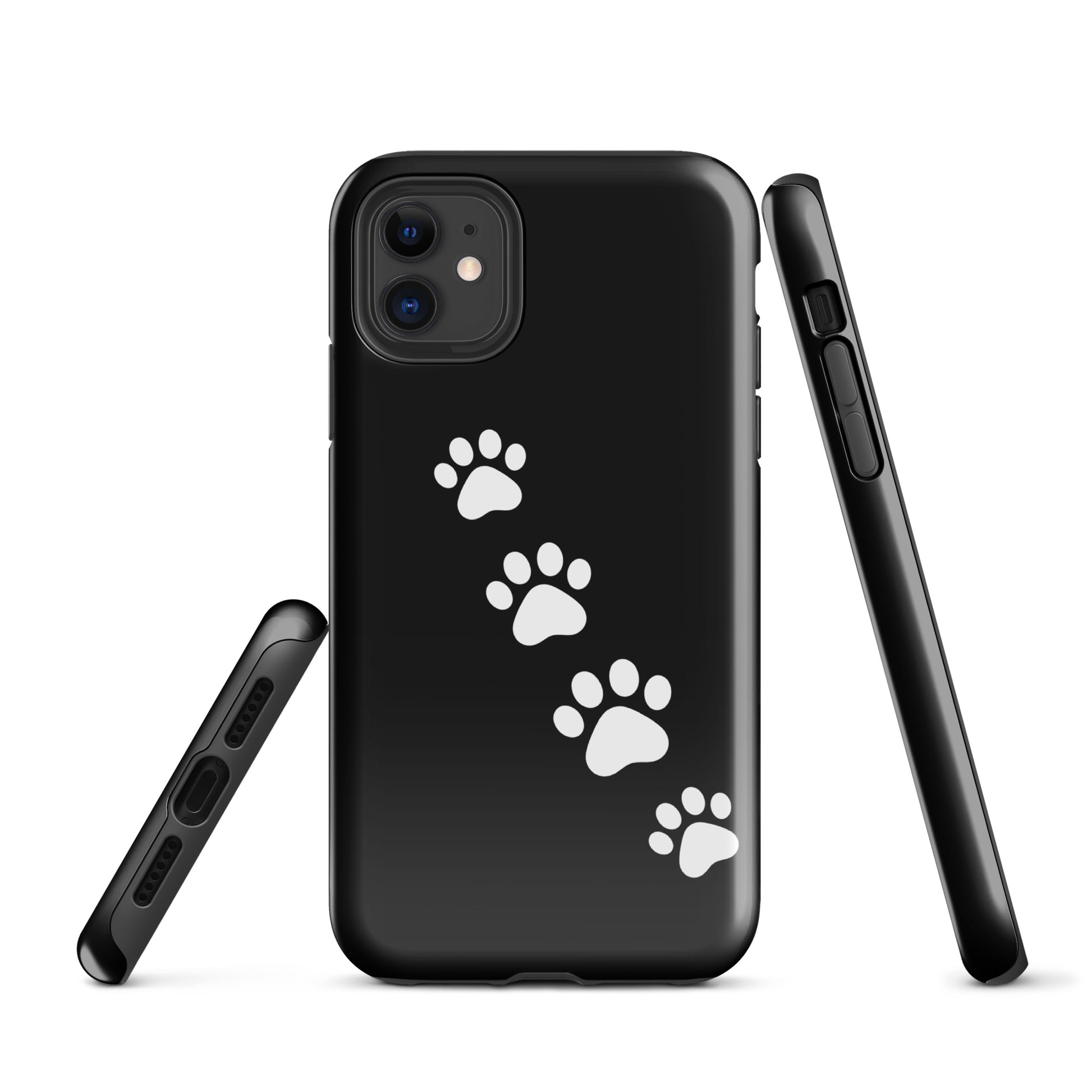 Phone case featuring diagonal white paw-print trail design on black background, perfect for playful pet lovers with iPhone cases.