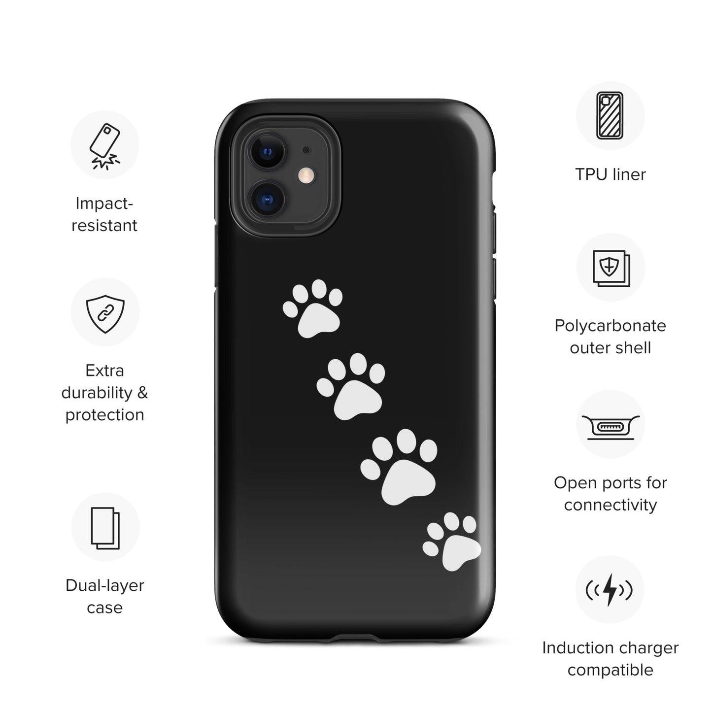Phone case featuring playful paw-print trail design for pet lovers, impact-resistant with TPU liner and polycarbonate shell.