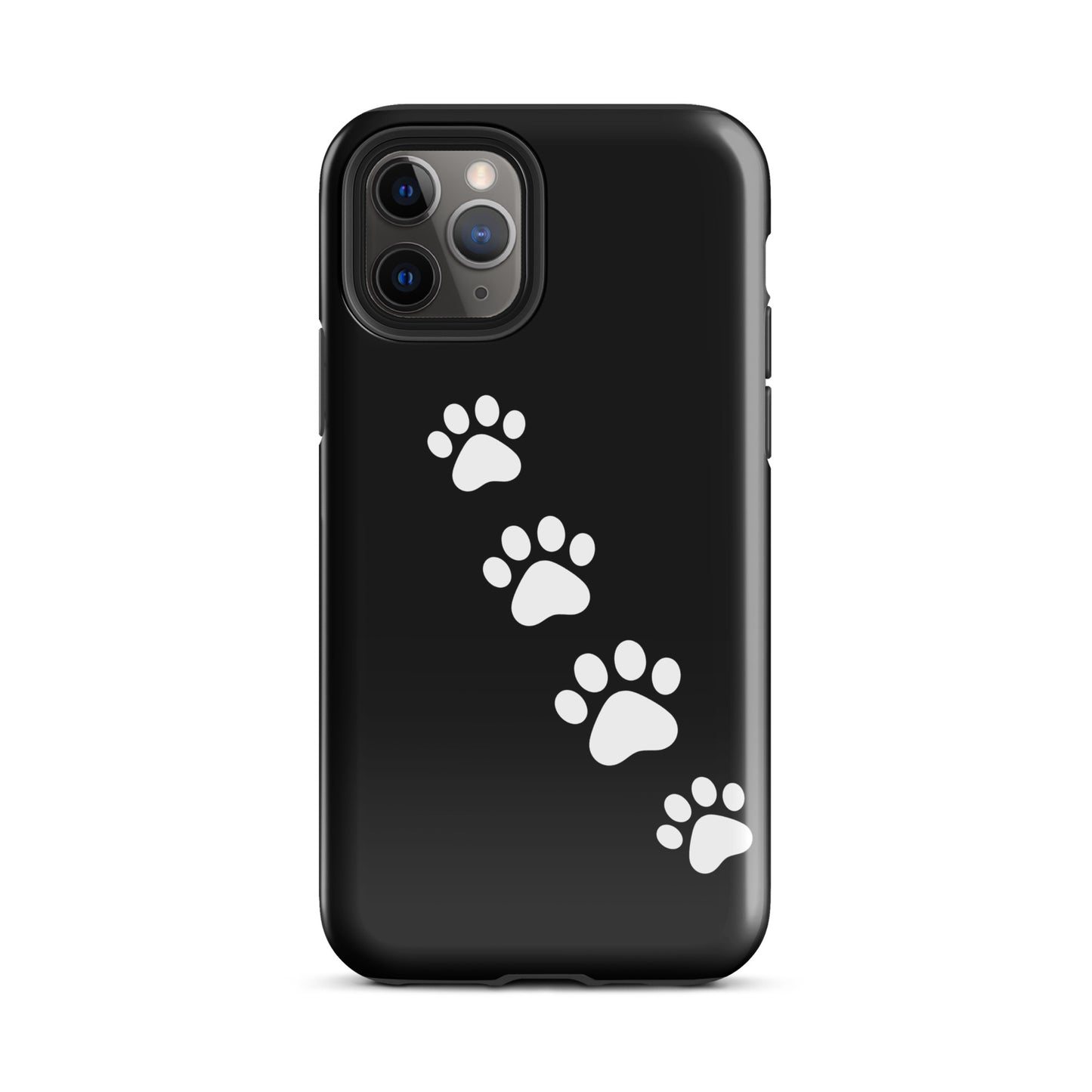 Phone case with paw-print trail design for iPhone, featuring white paw prints on a black background, perfect for pet lovers.