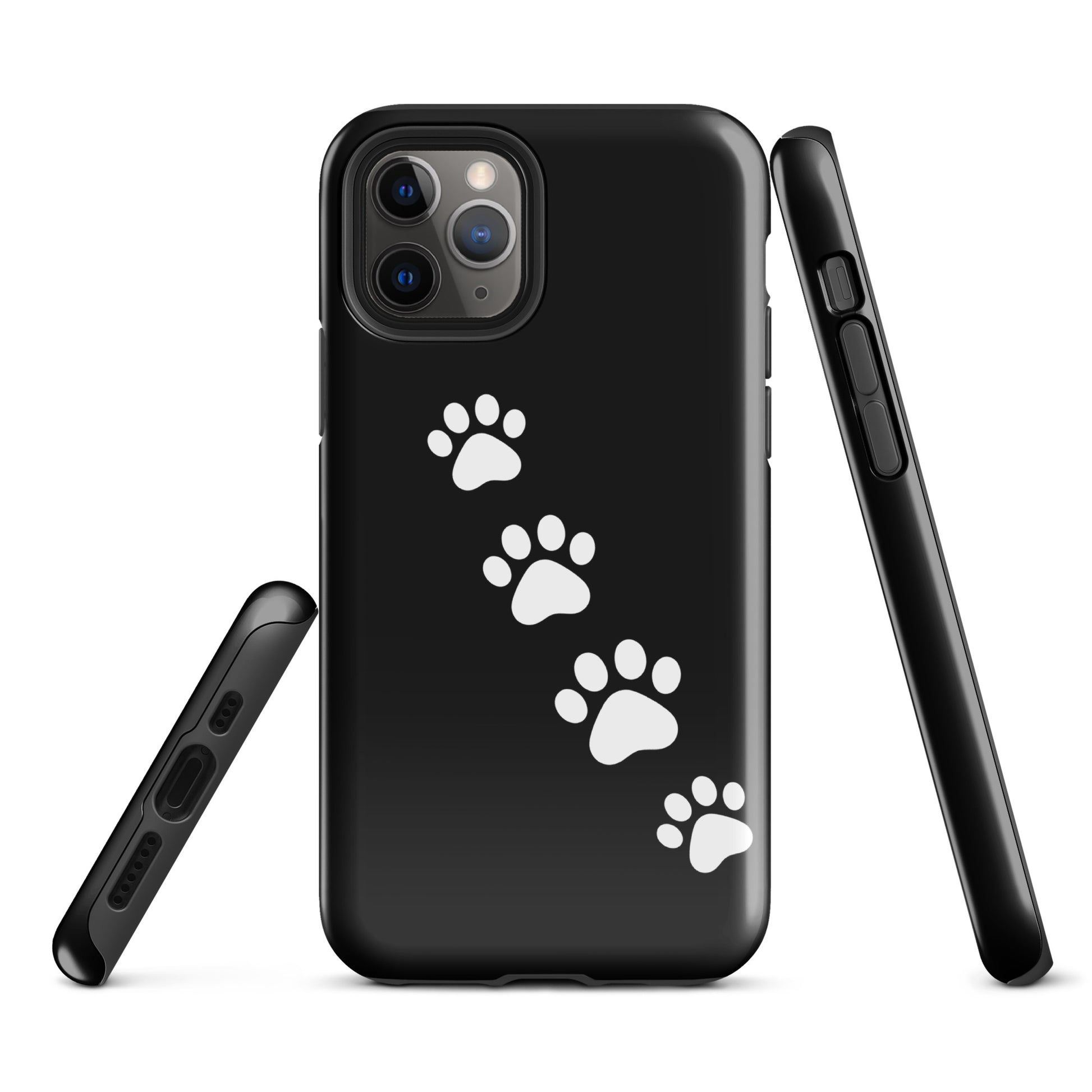 Phone case with paw-print trail design for pet lovers, featuring white paw prints on a black background for iPhone models.