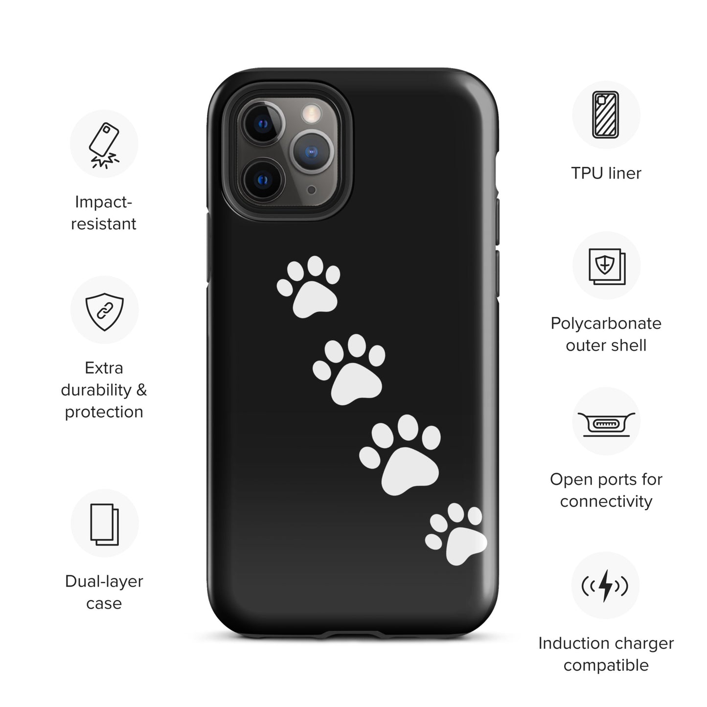 Phone case with white paw print trail design on black background for pet lovers, compatible with iPhone, features durable protection.