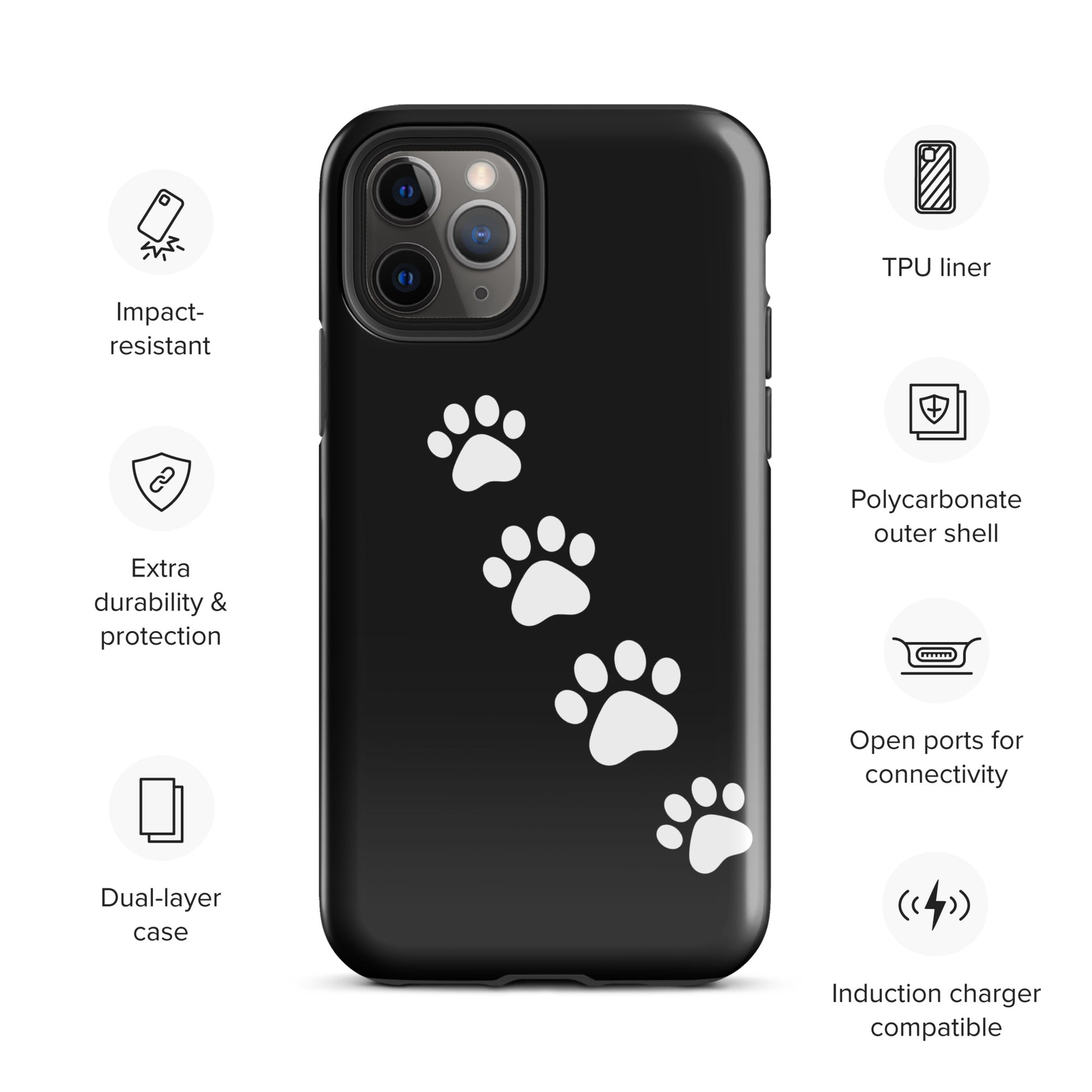 Phone case with white paw print trail design on black background for pet lovers, compatible with iPhone, features durable protection.