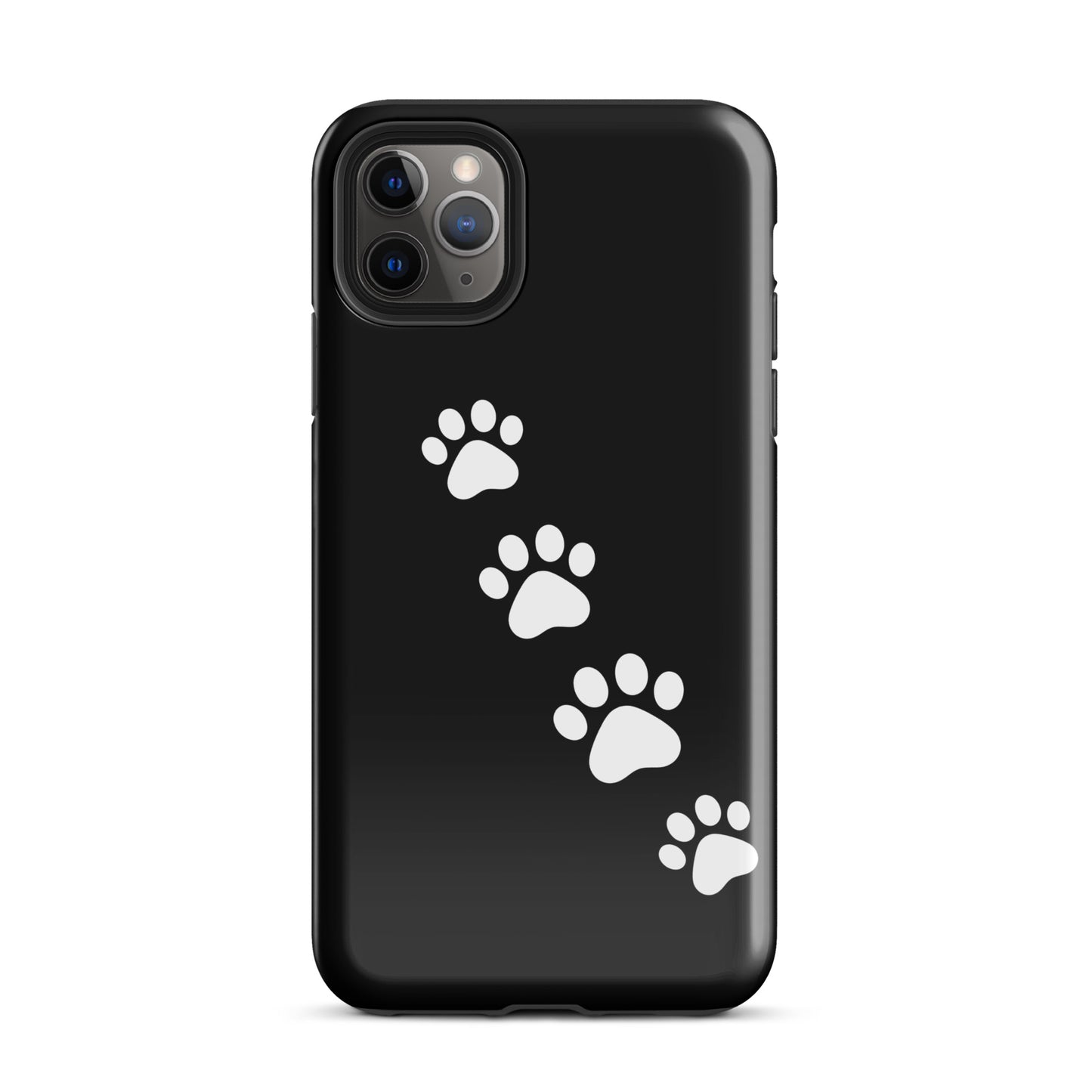 Phone case with white paw-print trail design for iPhone, a fun choice for pet lovers, featuring sleek black background.