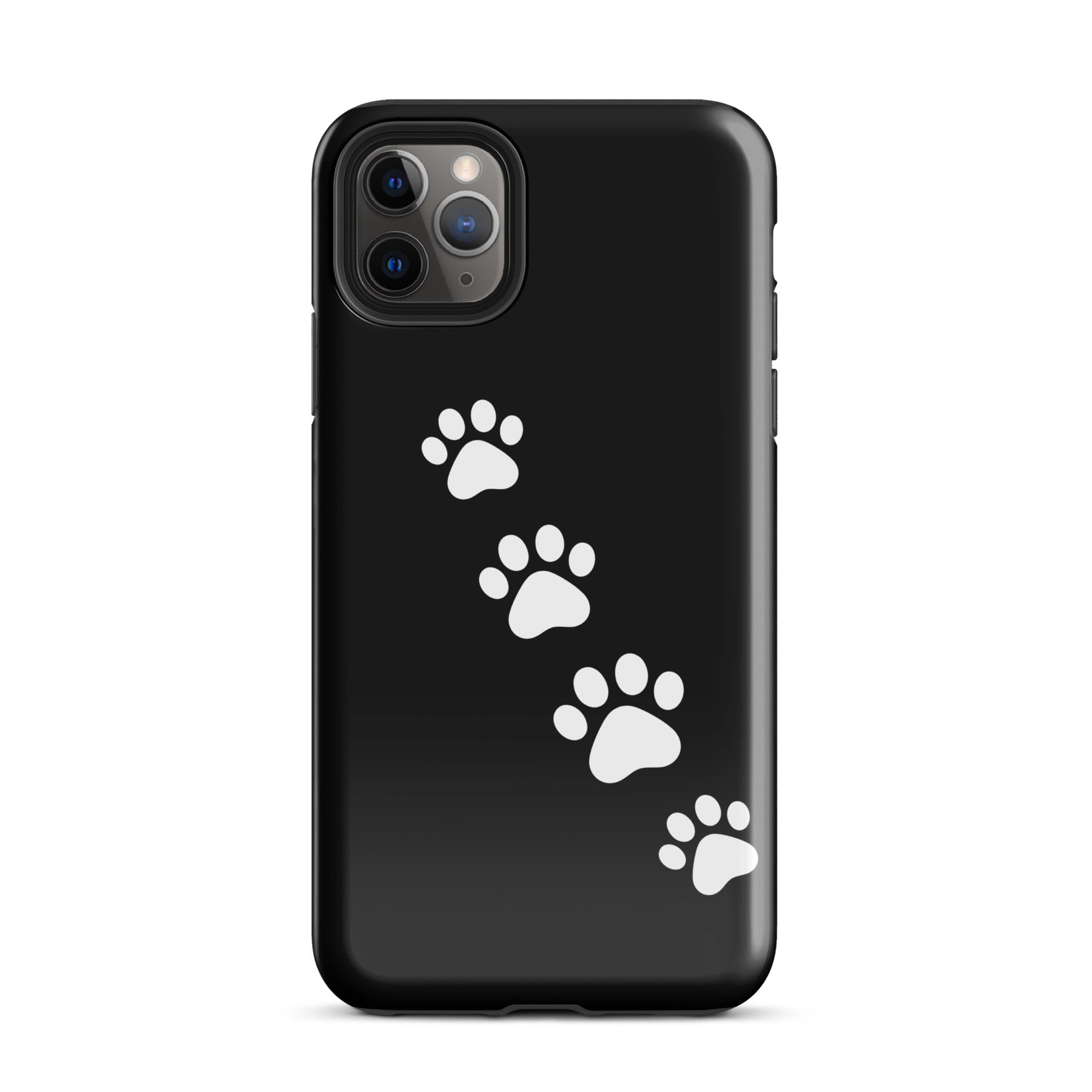 Phone case with white paw-print trail design for iPhone, a fun choice for pet lovers, featuring sleek black background.