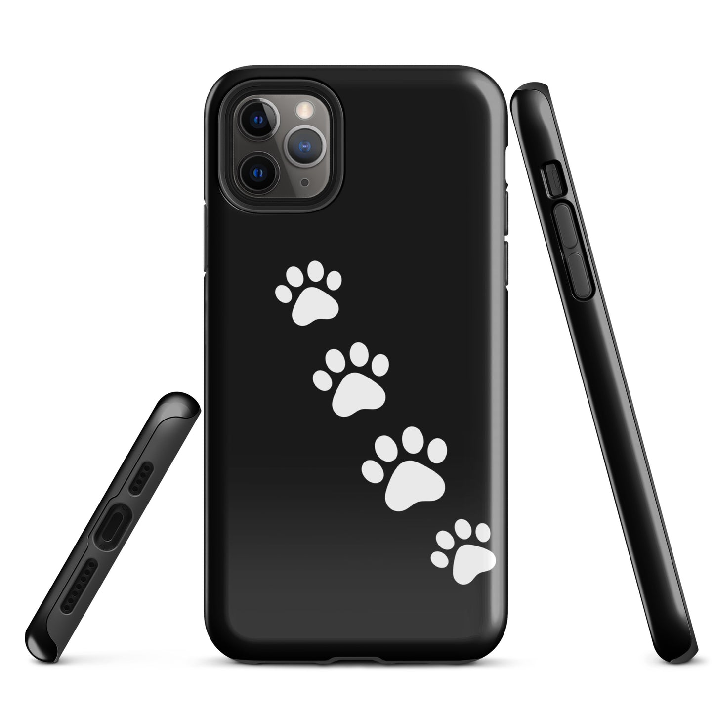 Phone case with paw-print trail design for iPhone showcasing white paw prints on black background, ideal for pet lovers.