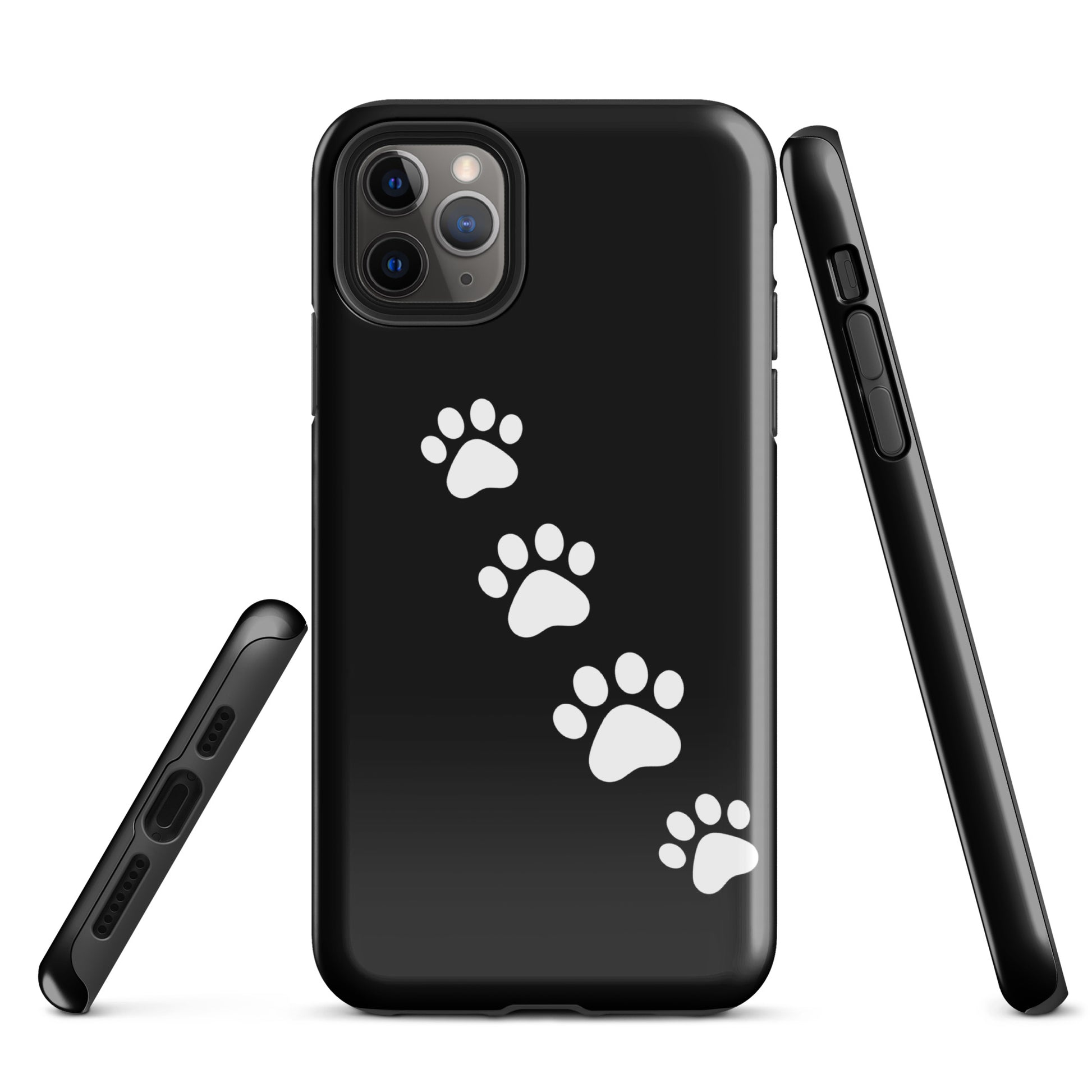 Phone case with paw-print trail design for iPhone showcasing white paw prints on black background, ideal for pet lovers.