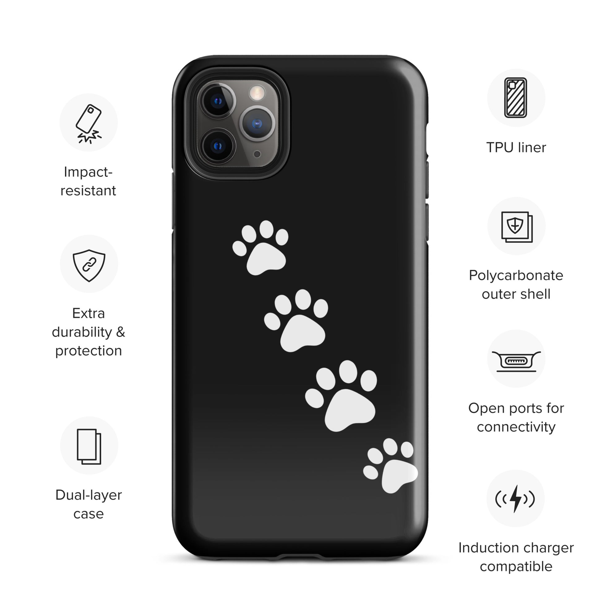 Phone case with paw-print trail design for iPhone, featuring white paw prints on a sleek black background with impact-resistant features.