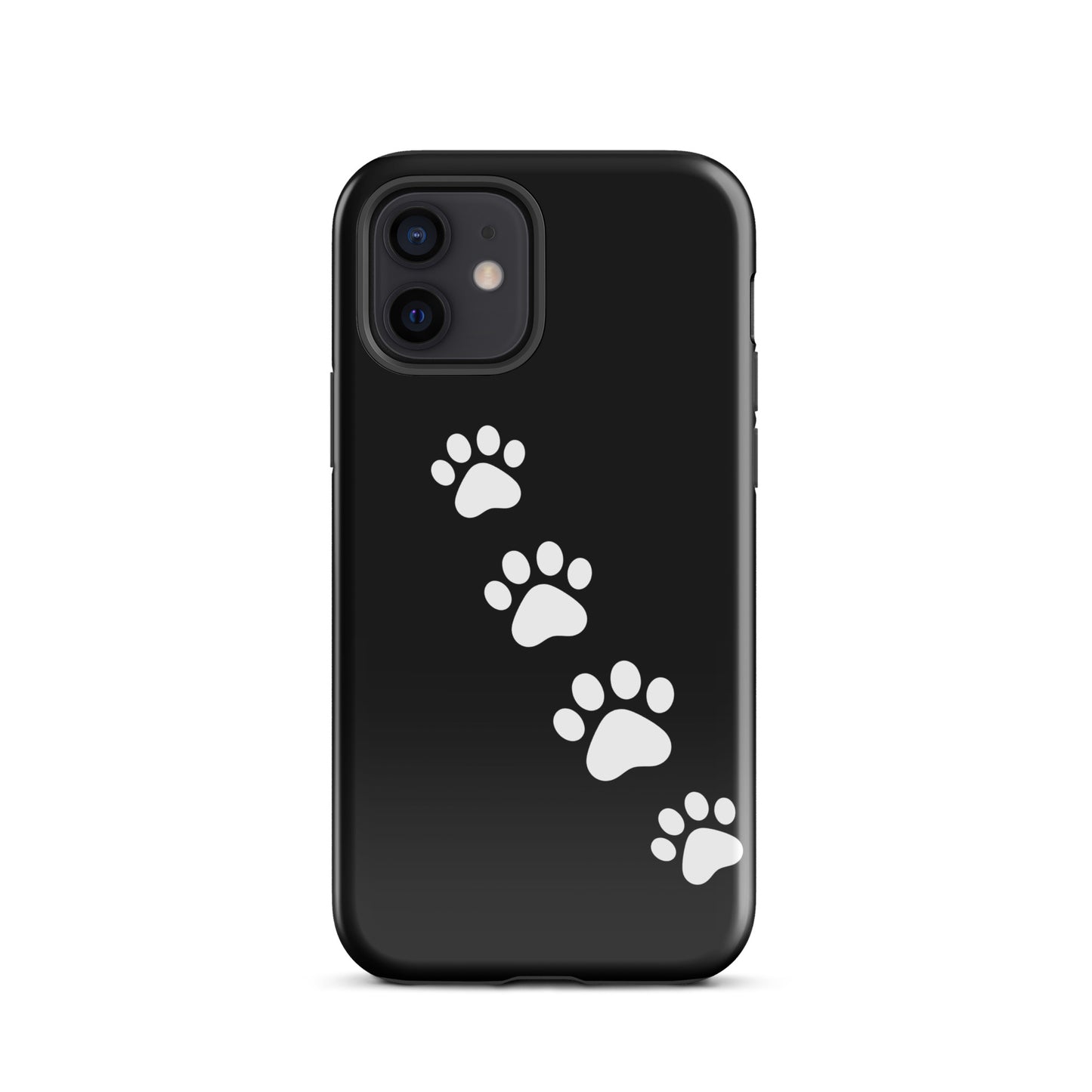 Phone case with diagonal white paw-print trail design on black, perfect for pet lovers.