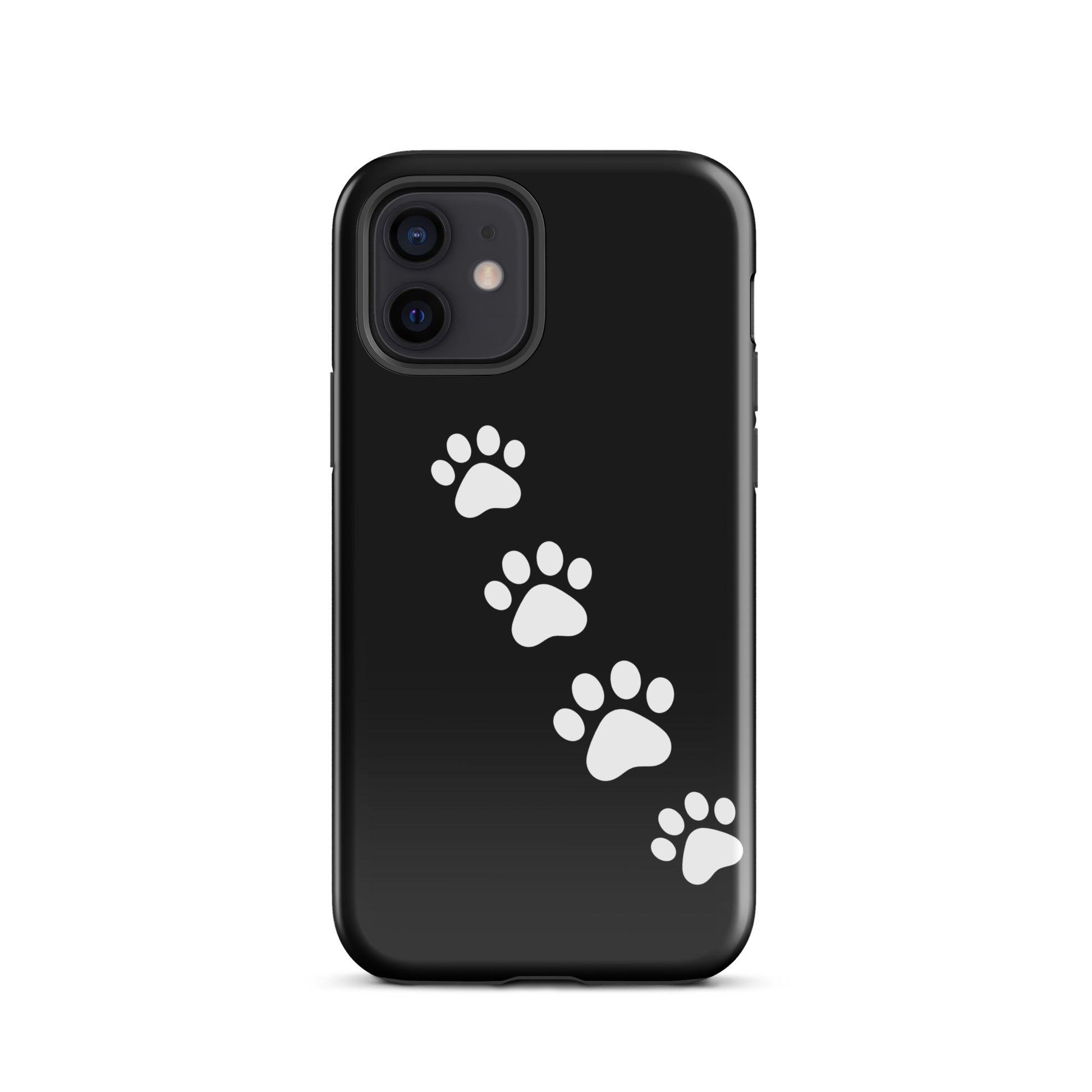 Phone case with diagonal white paw-print trail design on black, perfect for pet lovers.