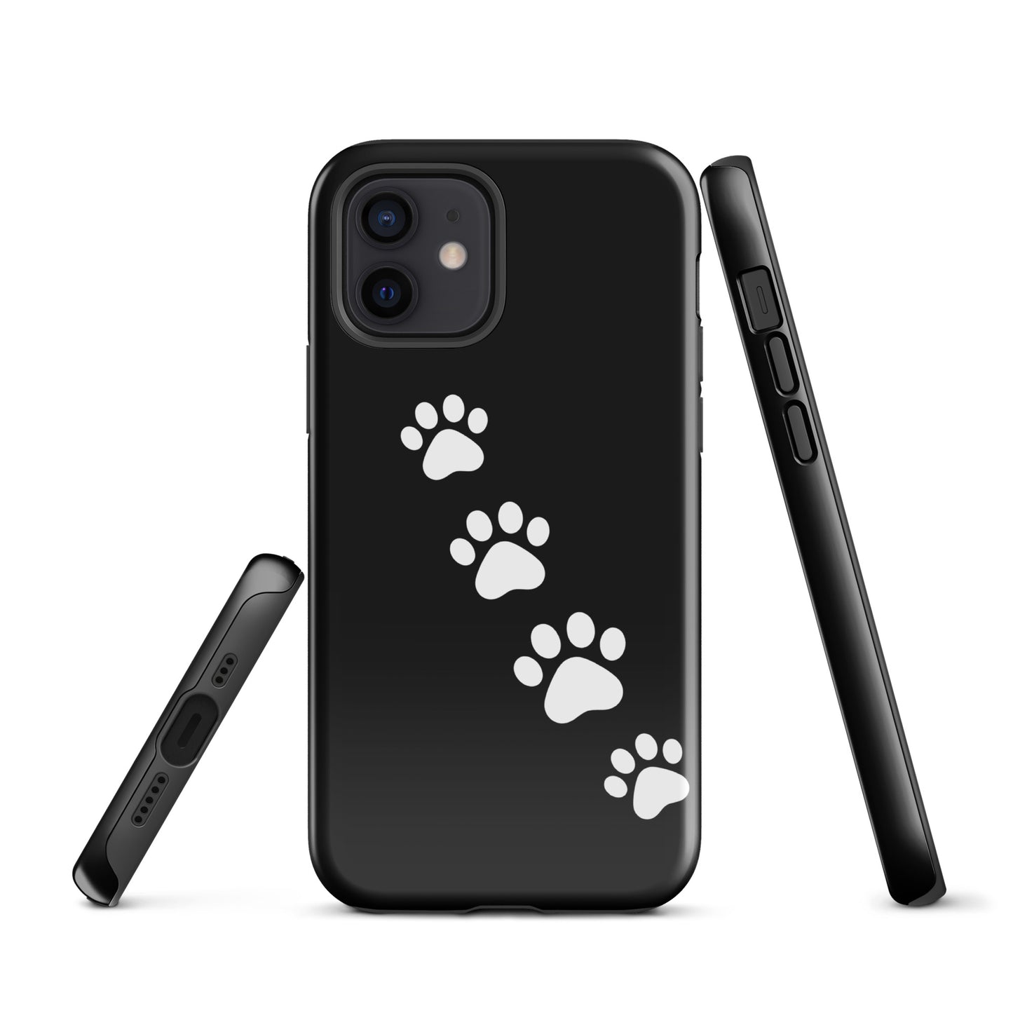Phone case with paw-print trail design for pet lovers, featuring white paw prints on a sleek background.