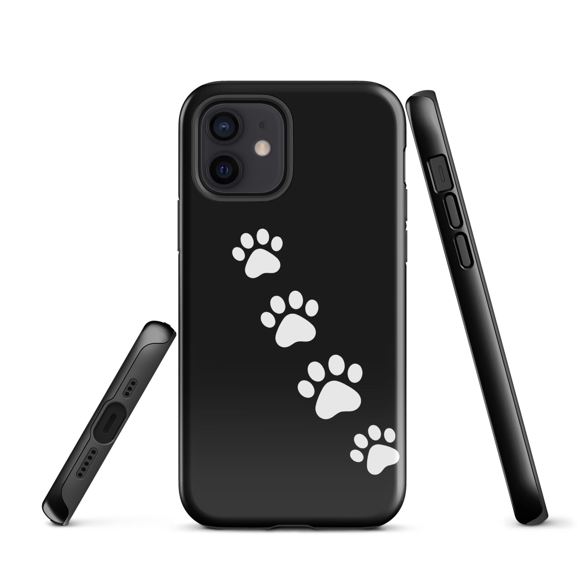 Phone case with paw-print trail design for pet lovers, featuring white paw prints on a sleek background.