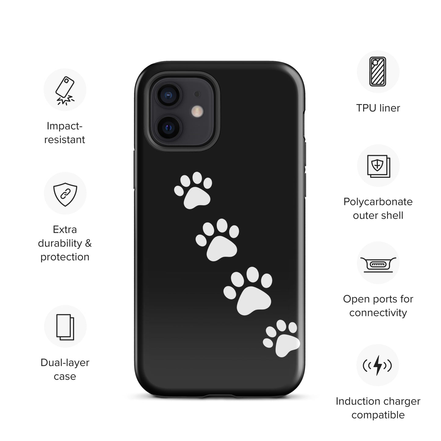 Phone case with white paw-print trail design for pet lovers on a black background, featuring impact-resistant polycarbonate shell.