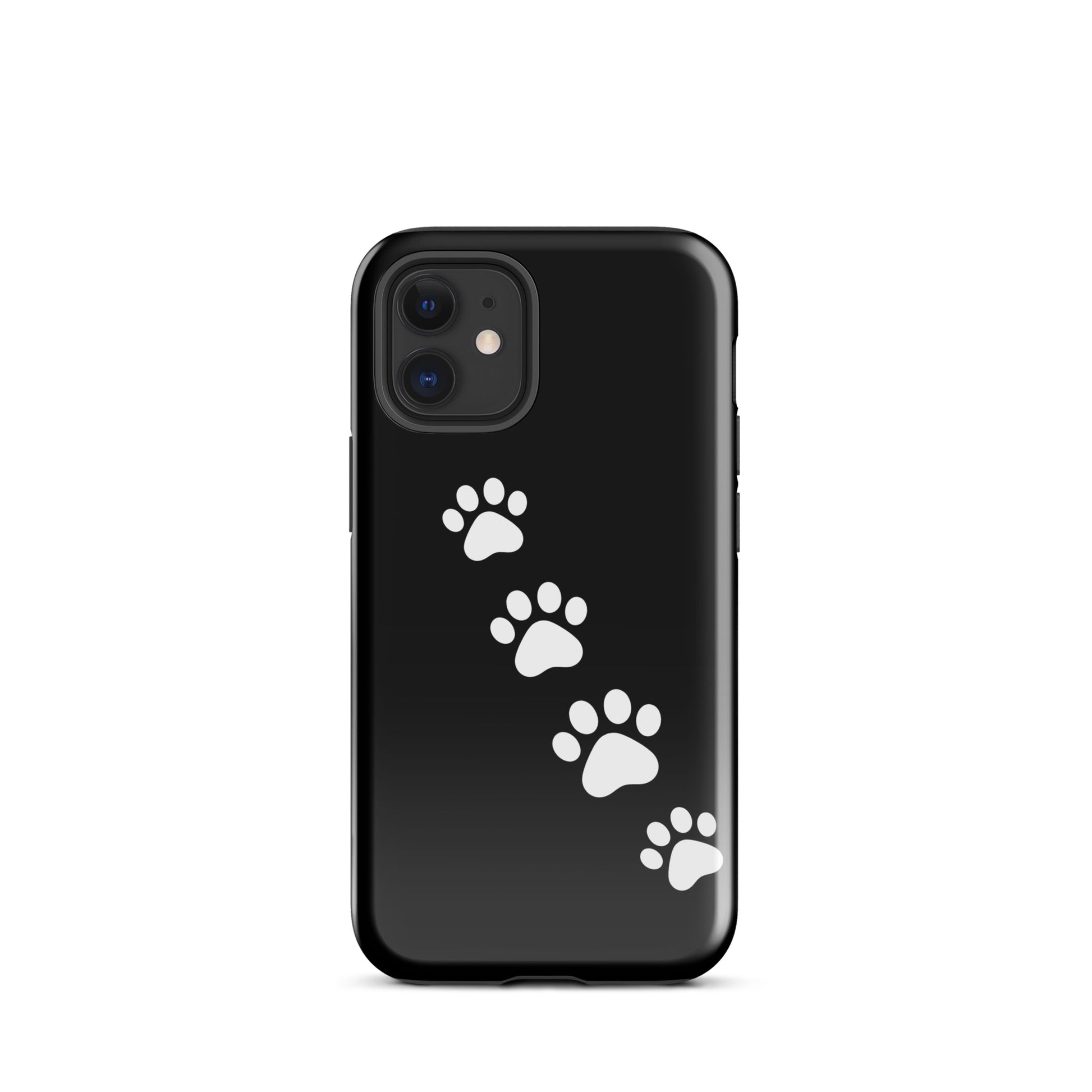 Phone case with paw-print trail design for pet lovers, featuring white prints on a black background for iPhone.