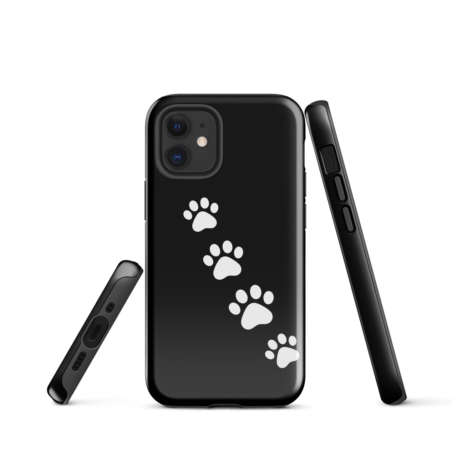 Phone case with paw-print trail design, black background, suitable for playful pet lovers.