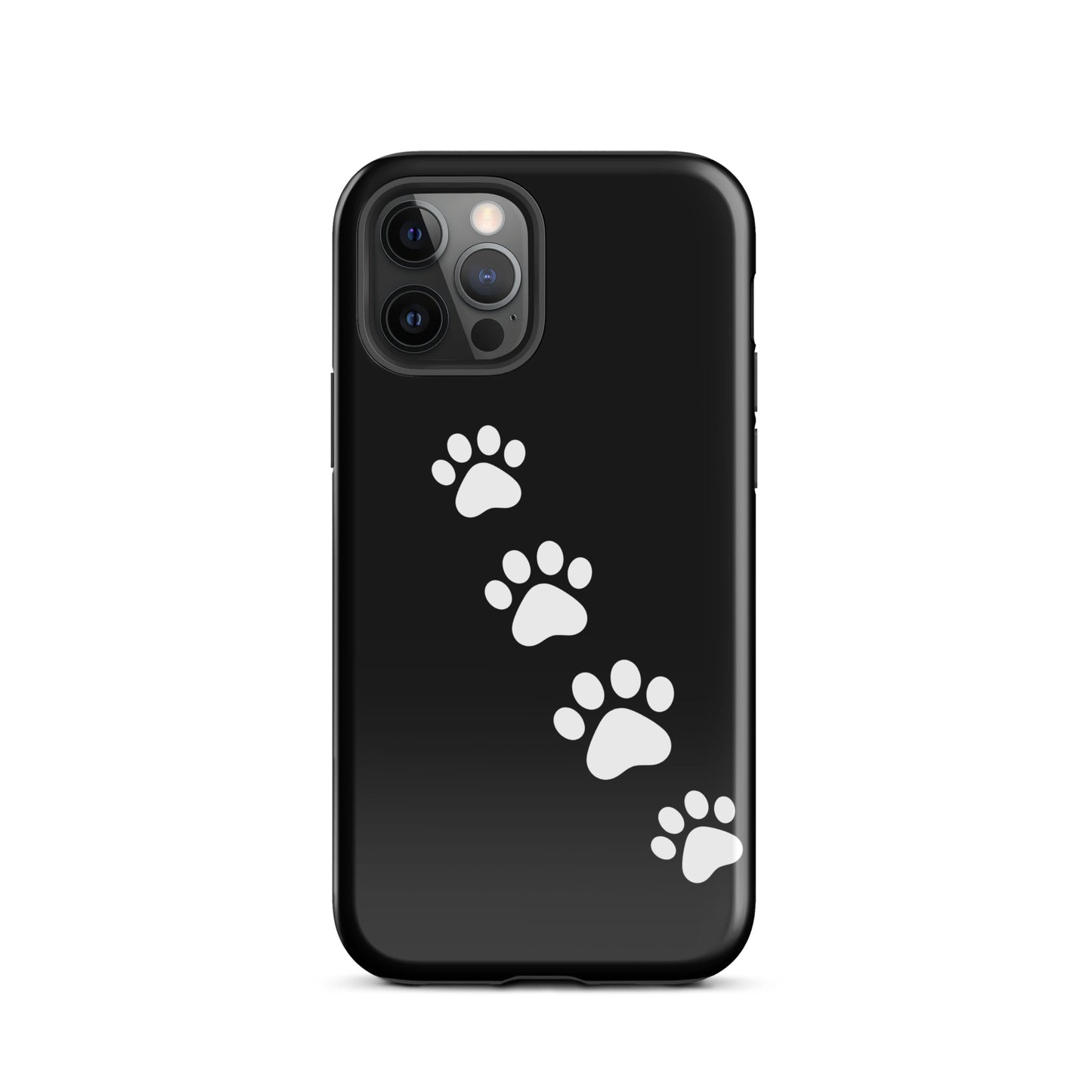 Phone case with white paw-print trail design for pet lovers, iPhone case featuring playful pattern on a sleek background.