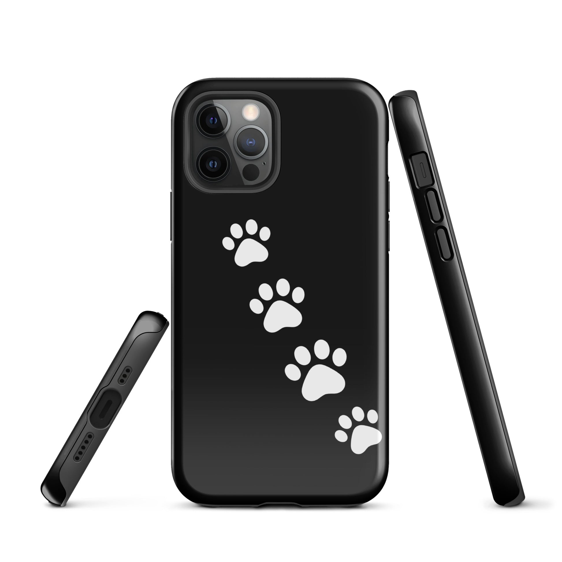 Phone case with paw-print trail design, perfect for pet lovers, featuring white paw prints on a dark background for iPhone series.